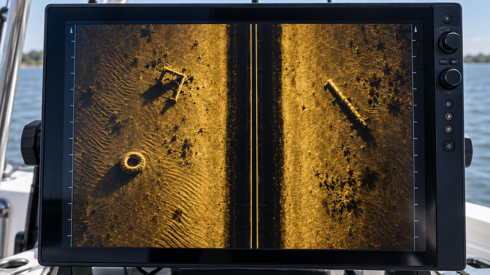 Marine sonar display showing side-scan imagery of submerged debris — a tire and metal frame — detected on the lagoon floor