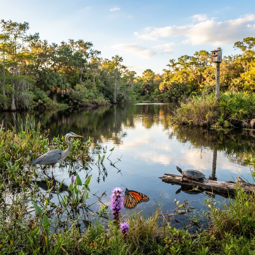 Florida wildlife habitat with native plants, pond, and heron