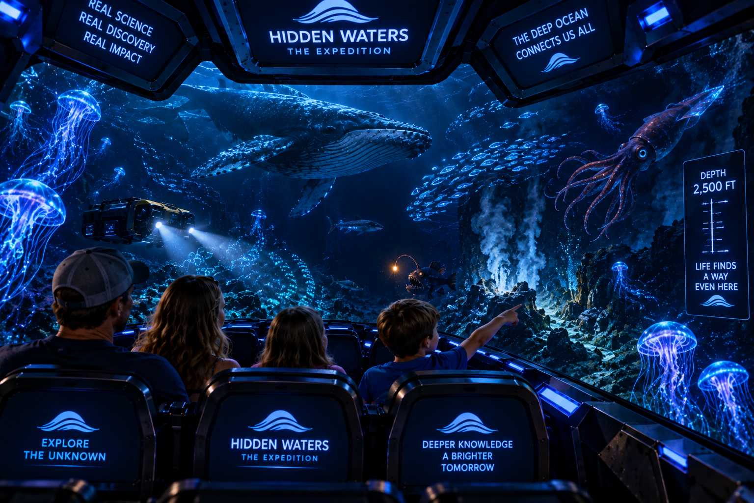 Spectacular deep-ocean scene surrounding the expedition vehicle with bioluminescent marine life, darkness, glowing organisms and an enormous sense of underwater scale. Scientifically inspired, no fictional monsters.