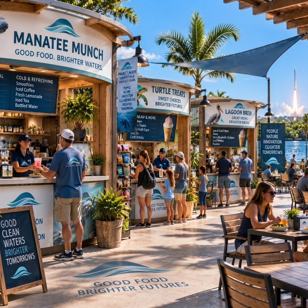 Conceptual rendering of an outdoor mission-themed food and beverage plaza at the Conservation & Discovery Center, featuring three small themed kiosks — Manatee Munch (cold & refreshing drinks), Turtle Treats (ice cream and sweets), and Lagoon Brew (craft beverages) — each with its own wave-logo branding and conservation tagline, wooden bistro seating, potted palms, a shade sail, a rocket launch visible in the distant background, and floor and banner graphics reading 'Good Food, Brighter Futures' and 'People, Nature, Innovation, Brighter Tomorrows.'
