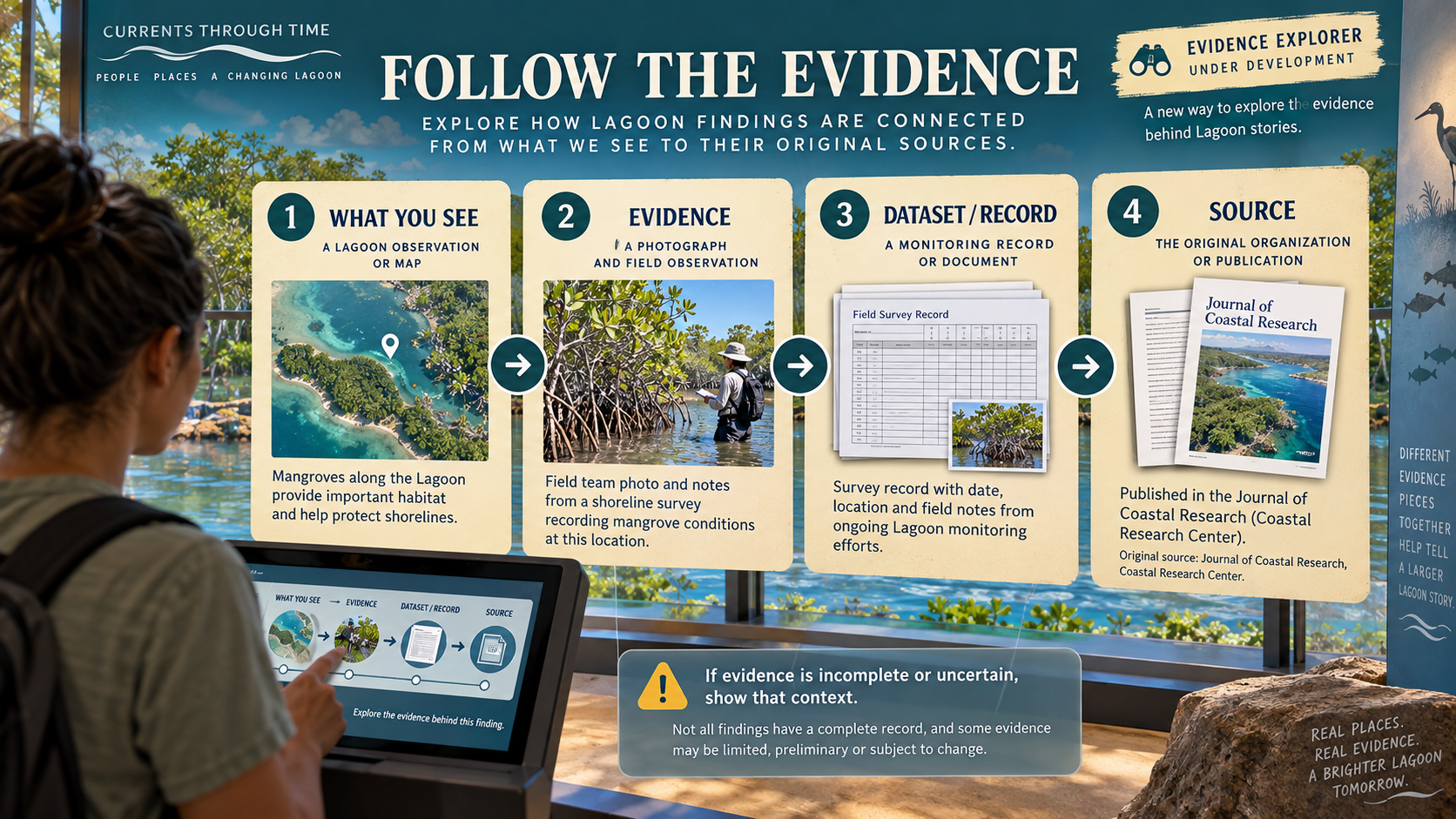 Follow the Evidence visual guide for Currents Through Time. Header reads CURRENTS THROUGH TIME / PEOPLE PLACES A CHANGING LAGOON with the title FOLLOW THE EVIDENCE and sub-text EXPLORE HOW LAGOON FINDINGS ARE CONNECTED FROM WHAT WE SEE TO THEIR ORIGINAL SOURCES. An EVIDENCE EXPLORER box with binoculars icon is marked UNDER DEVELOPMENT. A four-step horizontal process flow on parchment-style cards connects with dark teal arrows: Step 1 WHAT YOU SEE (A LAGOON OBSERVATION OR MAP — aerial view of a small island in turquoise water with a location pin, caption about mangroves providing habitat and protecting shorelines); Step 2 EVIDENCE (A PHOTOGRAPH AND FIELD OBSERVATION — a person in a hat standing in mangrove roots, caption about field team photo and notes from a shoreline survey); Step 3 DATASET / RECORD (A MONITORING RECORD OR DOCUMENT — a grid-based field survey form overlaid with a mangrove photo, caption about survey record with date, location and field notes); Step 4 SOURCE (THE ORIGINAL ORGANIZATION OR PUBLICATION — two document pages labeled Journal of Coastal Research, caption crediting the Journal of Coastal Research, Coastal Research Center). A bottom-left kiosk preview shows a user touching a screen displaying the simplified four-step flow. A bottom call-out box with a yellow warning triangle reads If evidence is incomplete or uncertain, show that context, with sub-text noting not all findings have a complete record. Right-margin vertical text: DIFFERENT EVIDENCE PIECES TOGETHER HELP TELL A LARGER LAGOON STORY. Bottom-right corner: REAL PLACES. REAL EVIDENCE. A BRIGHTER LAGOON TOMORROW.