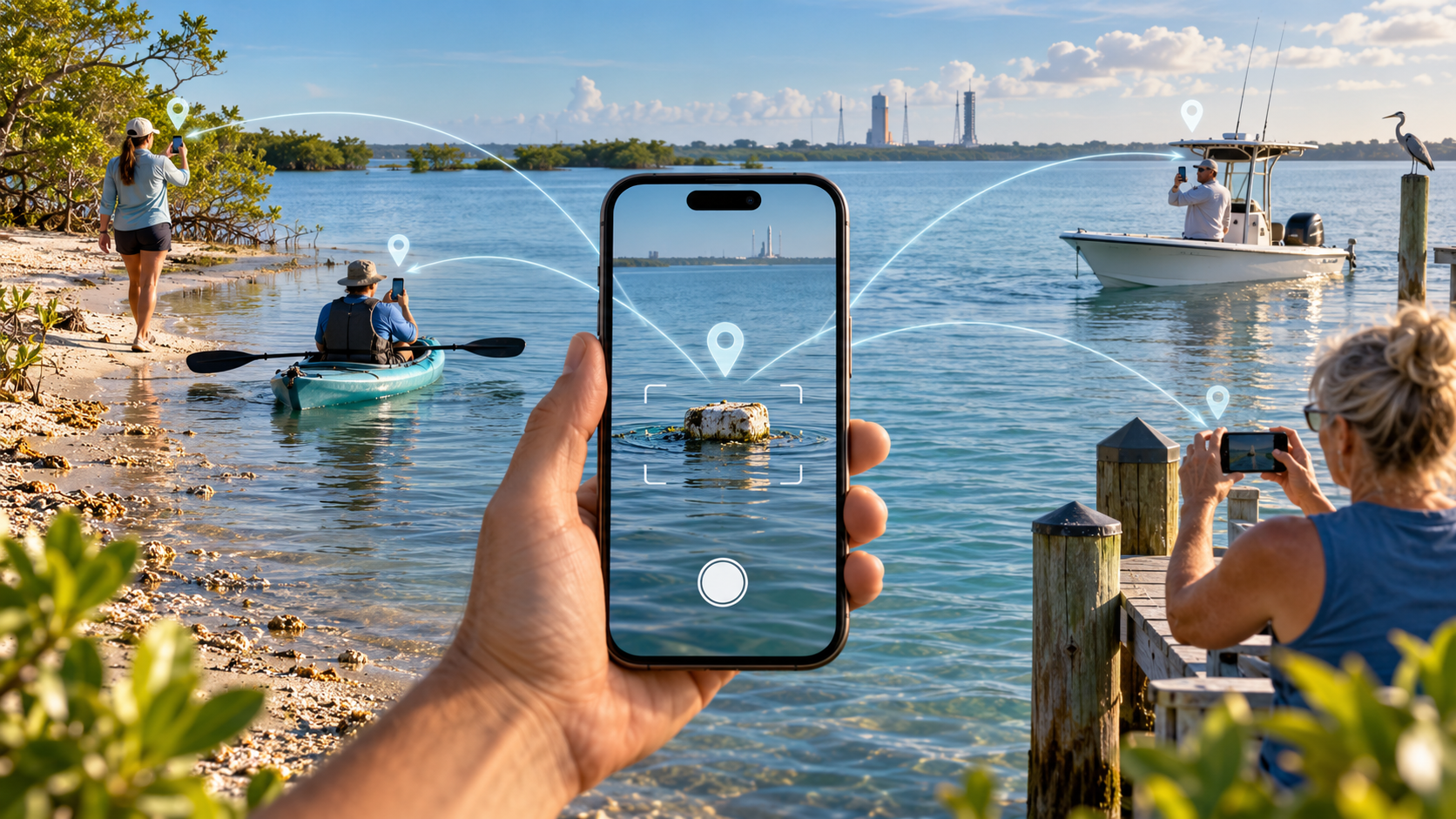 Illustrative concept visual: a smartphone camera as the common connection among different people on and around the lagoon — a shoreline walker, a kayaker, a boater, and a dock observer — each photographing the same object from their own vantage point, with location pins linking every observation to a single shared point on the water. Communicates that a photograph plus available location and context can be the beginning of a useful report.