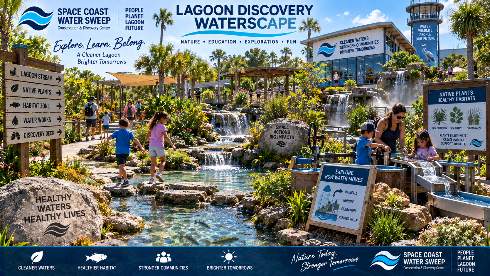 Conceptual Lagoon Discovery Waterscape with families following a shallow winding stream through lush native Florida landscaping, stepping stones, small waterfalls, mist, shaded areas and interactive water-flow demonstrations.