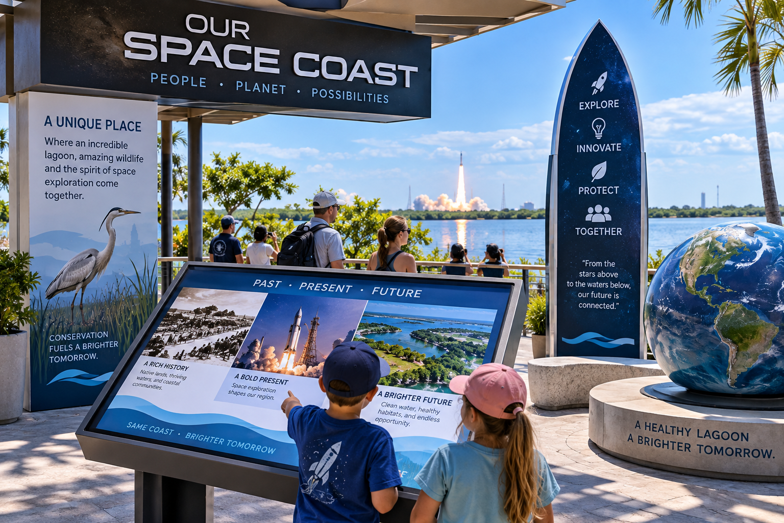 Wide immersive interior view of the Our Space Coast — People • Place • Lagoon gallery combining natural history, community history, Lagoon imagery, historical maps and interactive digital exhibits. Designed as a sophisticated regional museum experience for children and adults.