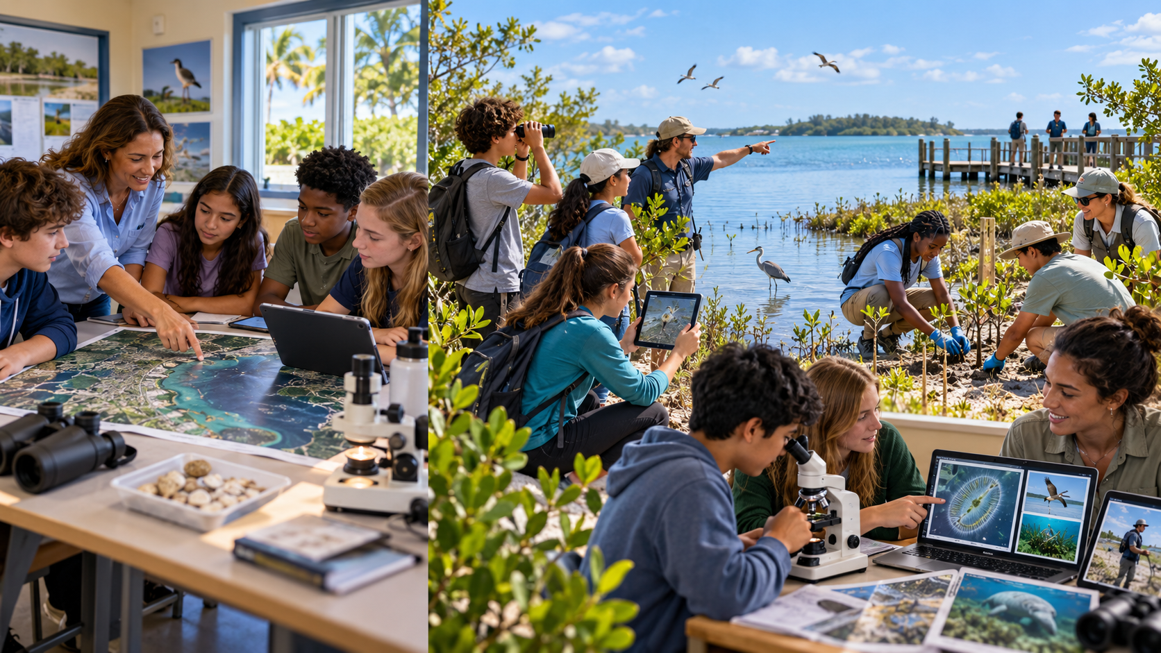 Integrated field-to-lab workflow diptych — left panel shows an indoor classroom where an instructor leans over a large coastal map with four students, a tablet, a microscope, binoculars, and a sample bin on the table beneath framed habitat photos; right panel shows the same research continued outdoors on a sunny mangrove shoreline, where students sample at the waterline, document conditions on a tablet, examine a microscope and laptop on a portable table, and watch a heron in the shallows while an instructor points toward the water. Illustrates how shared conservation practices connect field observation with classroom analysis.