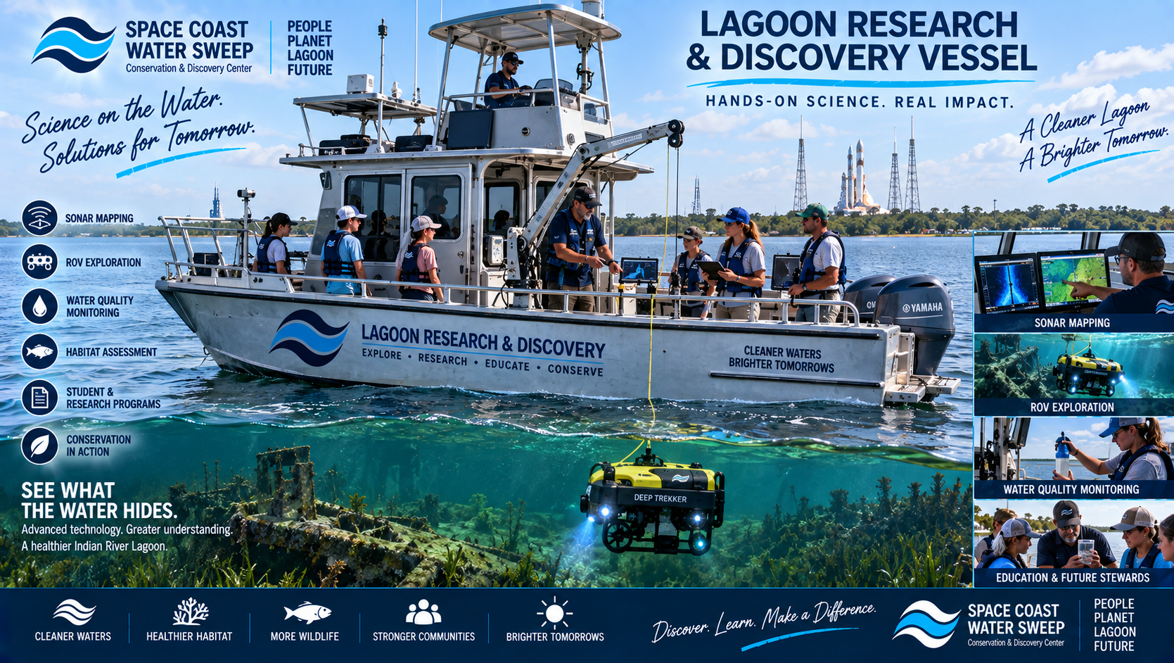 Conceptual Lagoon Research & Discovery Vessel carrying a small group of guests, scientists or students during a hands-on conservation science experience with sonar, ROV and environmental monitoring equipment.