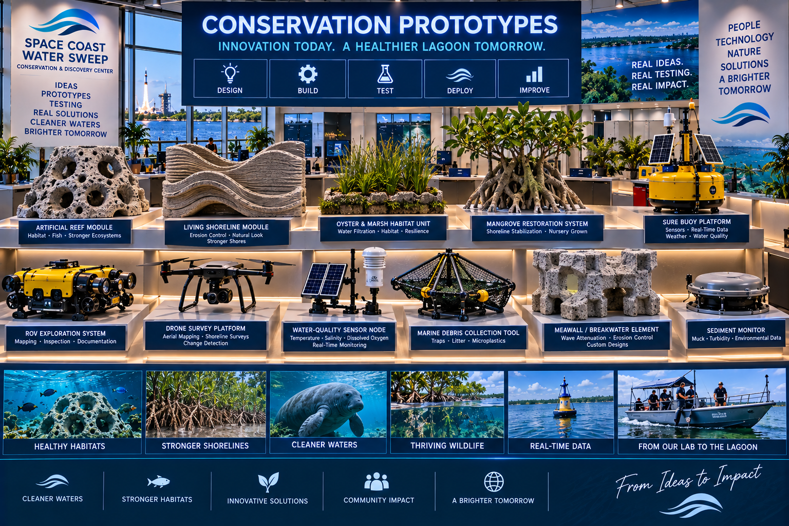 Conservation Prototypes exhibition hall poster titled 'Conservation Prototypes — Innovation Today. A Healthier Lagoon Tomorrow' showing a Design-Build-Test-Deploy-Improve process bar, a top display gallery of five physical prototypes on pedestals (Artificial Reef Module, Living Shoreline Module, Oyster & Marsh Habitat Unit, Mangrove Restoration System, Sure Buoy Platform), a bottom display gallery of six technology pieces (ROV Exploration System, Drone Survey Platform, Water-Quality Sensor Node, Marine Debris Collection Tool, Seawall/Breakwater Element, Sediment Monitor), and a footer photo grid (Healthy Habitats, Stronger Shorelines, Cleaner Waters, Thriving Wildlife, Real-Time Data, From Our Lab to the Lagoon) with outcomes (Cleaner Waters, Stronger Habitats, Innovative Solutions, Community Impact, A Brighter Tomorrow).
