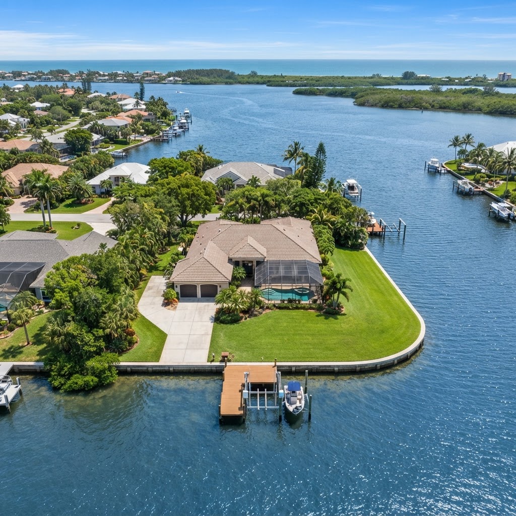 Aerial satellite view of a Florida waterfront property