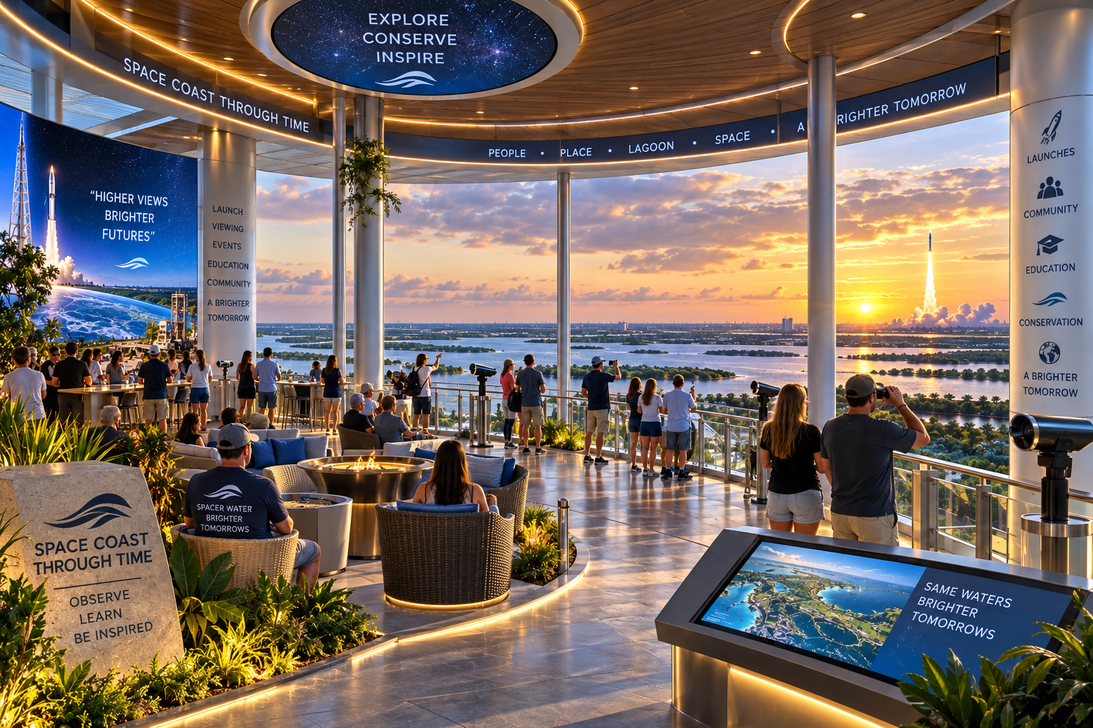 Observation deck at golden-hour sunset with a 'Space Coast Through Time' digital ribbon, 'Explore Conserve Inspire' starfield ceiling medallion, 'Higher Views Brighter Futures' rocket-launch wall display, icon column for Launches/Community/Education/Conservation/A Brighter Tomorrow, wicker armchairs around gas fire pits, a 'Same Waters Brighter Tomorrows' coastal map kiosk, a stone 'Observe • Learn • Be Inspired' pedestal, and panoramic lagoon views with an ascending rocket on the horizon.