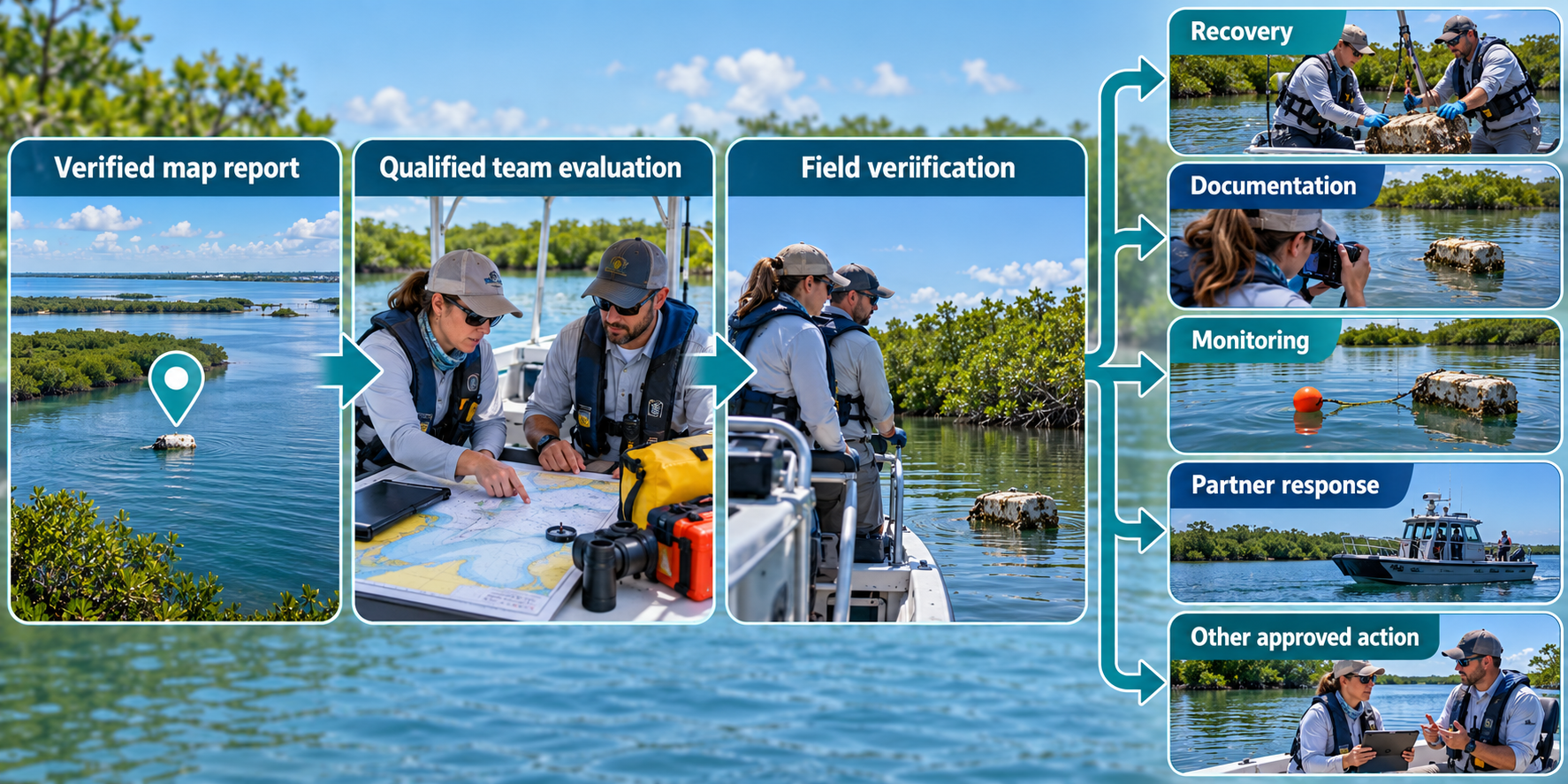 An example where a verified report progresses to appropriate field action: report on map, assigned or evaluated by a qualified team, field verification, then appropriate action such as recovery, documentation, monitoring, partner response, or another approved outcome. Volunteers are not shown independently recovering reported objects.