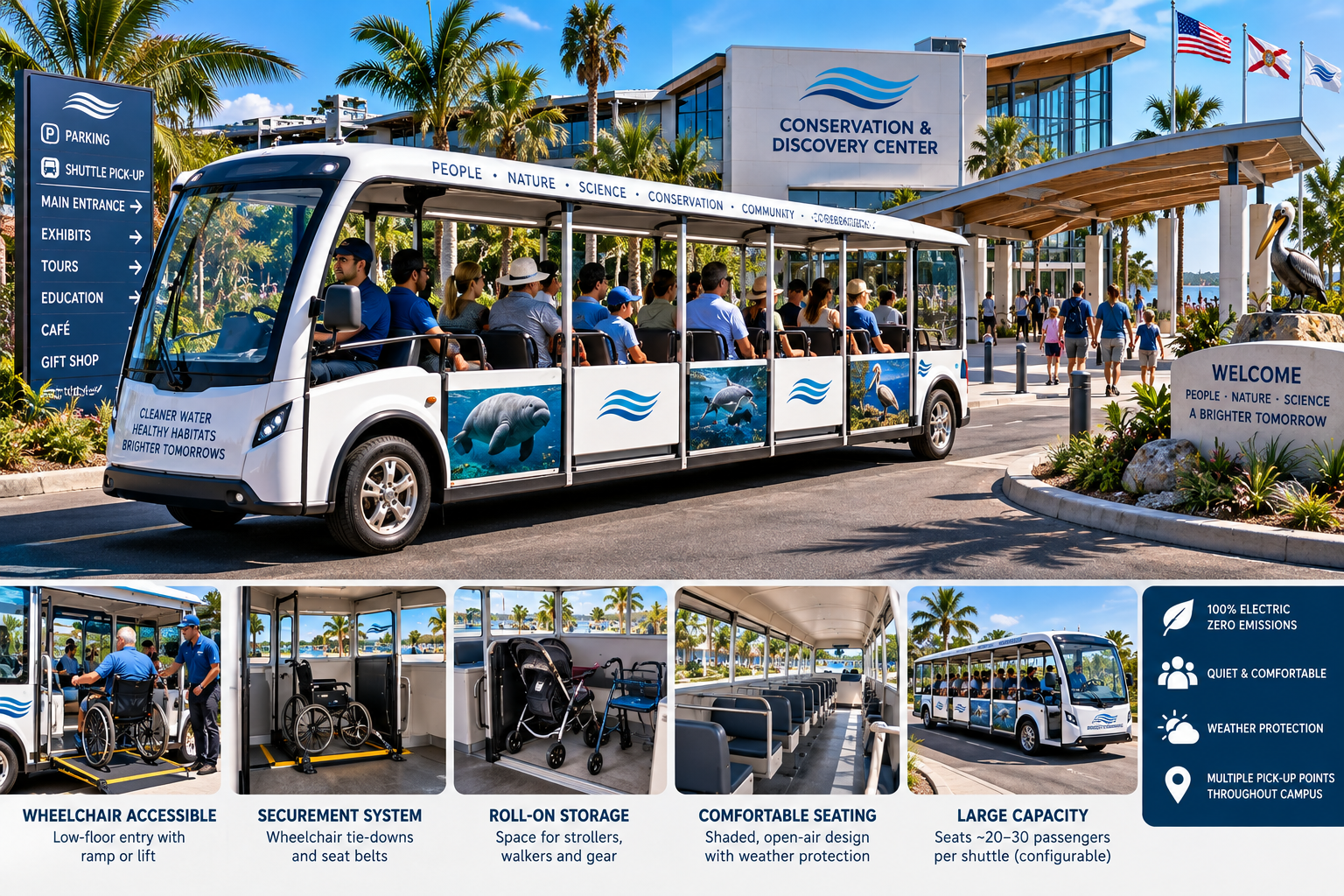 Conceptual larger-capacity electric parking and arrival shuttle for the Conservation & Discovery Center, with open-air design, wheelchair accessible ramp, roll-on stroller storage, and branded with manatee, dolphin, and pelican imagery.