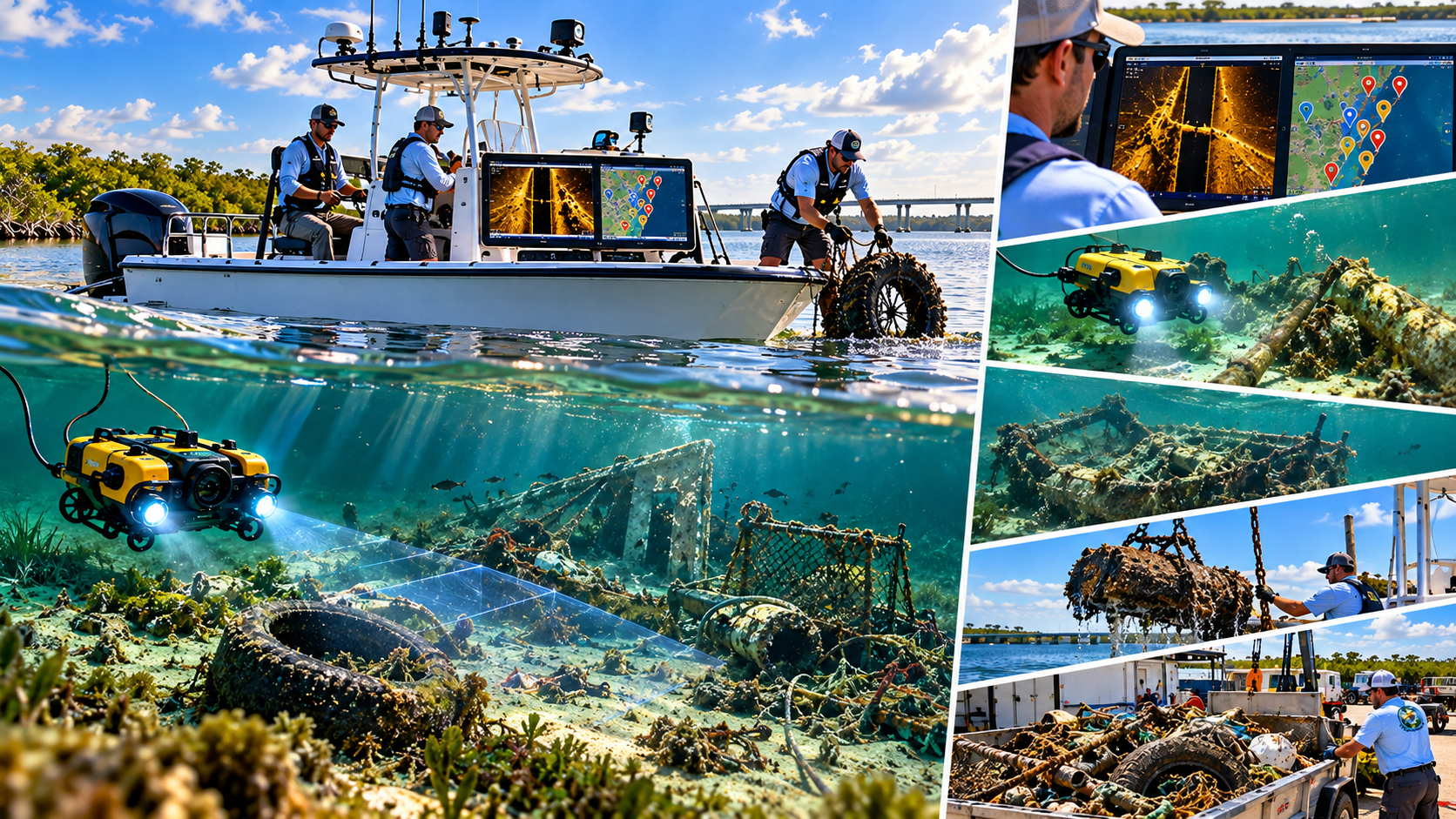 Project Lagoon — Guided Experience. A Project Lagoon operational scene showing the survey boat, sonar and mapping tablets, underwater ROV, submerged debris, and varied debris recovery operations.