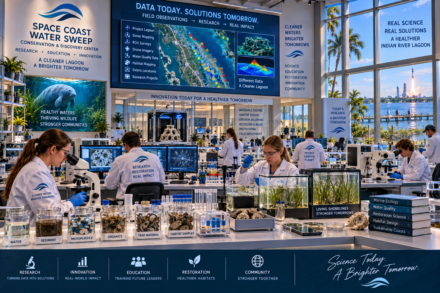 Research lab environment poster titled 'Data Today. Solutions Tomorrow.' showing a digital display with an interactive lagoon map and data sidebar, lab tables with sample jars, a Living Shorelines aquarium, and a footer of mission outcomes.