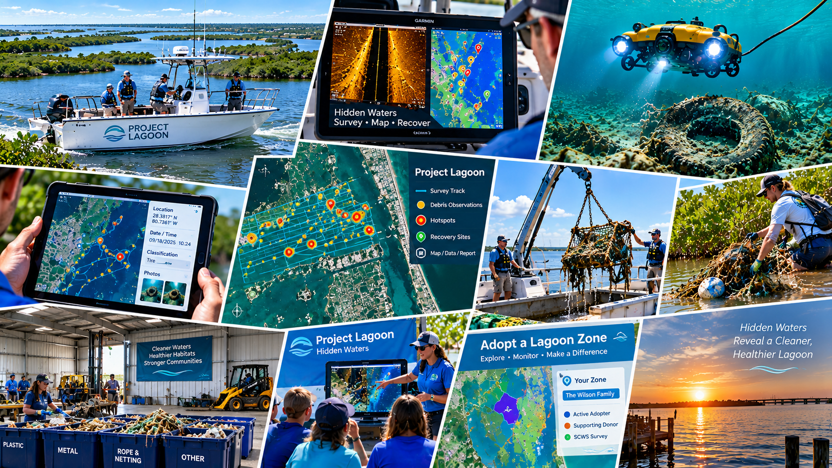 Project Lagoon — Explore On Your Own. A multi-panel Project Lagoon collage showing survey, sonar, mapping, Hidden Waters, ROV, recovery, documentation, debris processing, Adopt a Lagoon Zone, and community participation.