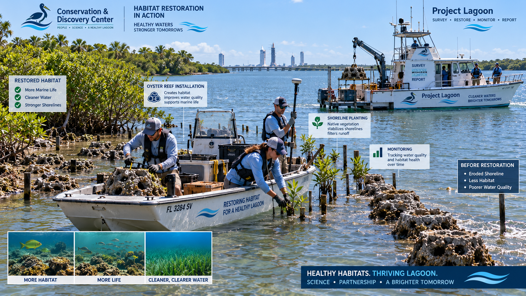 Habitat Restoration in Action — Project Lagoon field crew installing oyster reef structures, planting shoreline vegetation, and monitoring water quality in the Indian River Lagoon, with before/after comparison showing restored habitat with more marine life and cleaner water.