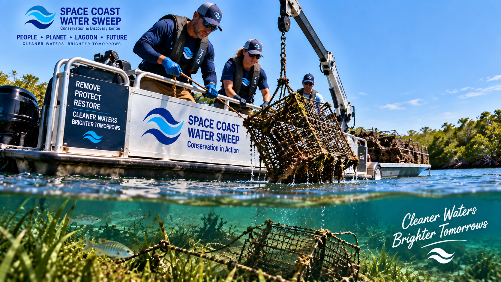 Space Coast Water Sweep team recovering a derelict crab trap from the Indian River Lagoon, lifting a barnacle-encrusted wire trap from the water with a hydraulic crane on a pontoon boat.