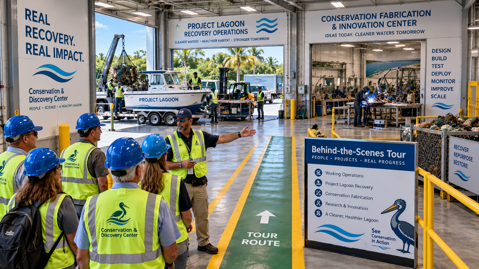 Behind-the-Scenes Tour starting point at the Conservation & Discovery Center — a staff guide in a high-visibility vest leads a small group of visitors wearing blue hard hats and safety vests along a clearly marked TOUR ROUTE floor marking through a working campus bay. Visible signage includes 'Project Lagoon Recovery Operations,' 'Conservation Fabrication & Innovation Center,' 'Real Recovery. Real Impact.' and a 'Behind-the-Scenes Tour — People • Projects • Real Progress' board listing Working Operations, Project Lagoon Recovery, Conservation Fabrication, Research & Innovation, and A Cleaner, Healthier Lagoon. A boat is being offloaded on the left and a worker welds at a fabrication table on the right.