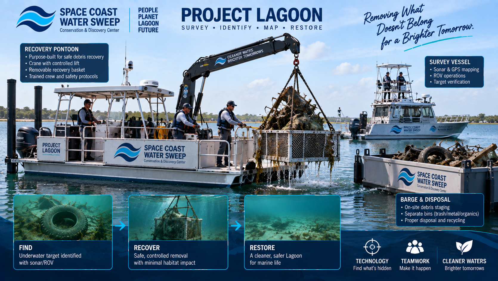 Conceptual Project Lagoon recovery operation showing a purpose-built recovery pontoon lifting submerged debris from the Lagoon using a controlled crane and recovery basket while support vessels and trained crew assist.
