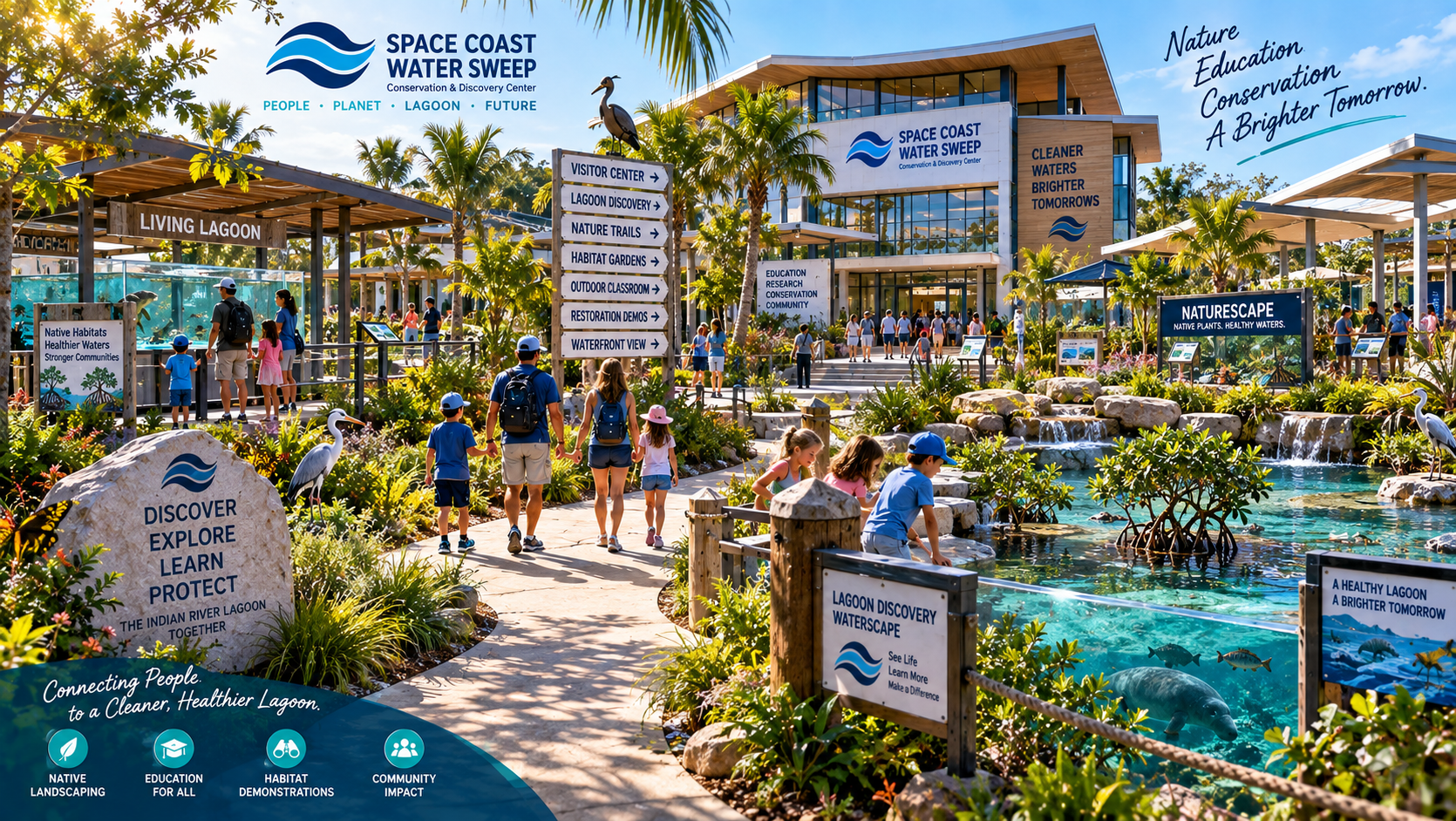 Conceptual rendering of the outdoor public campus with lush native Florida landscaping, shaded conservation paths, families exploring, educational habitat demonstrations and portions of the Living Lagoon and Lagoon Discovery Waterscape integrated naturally into the grounds.