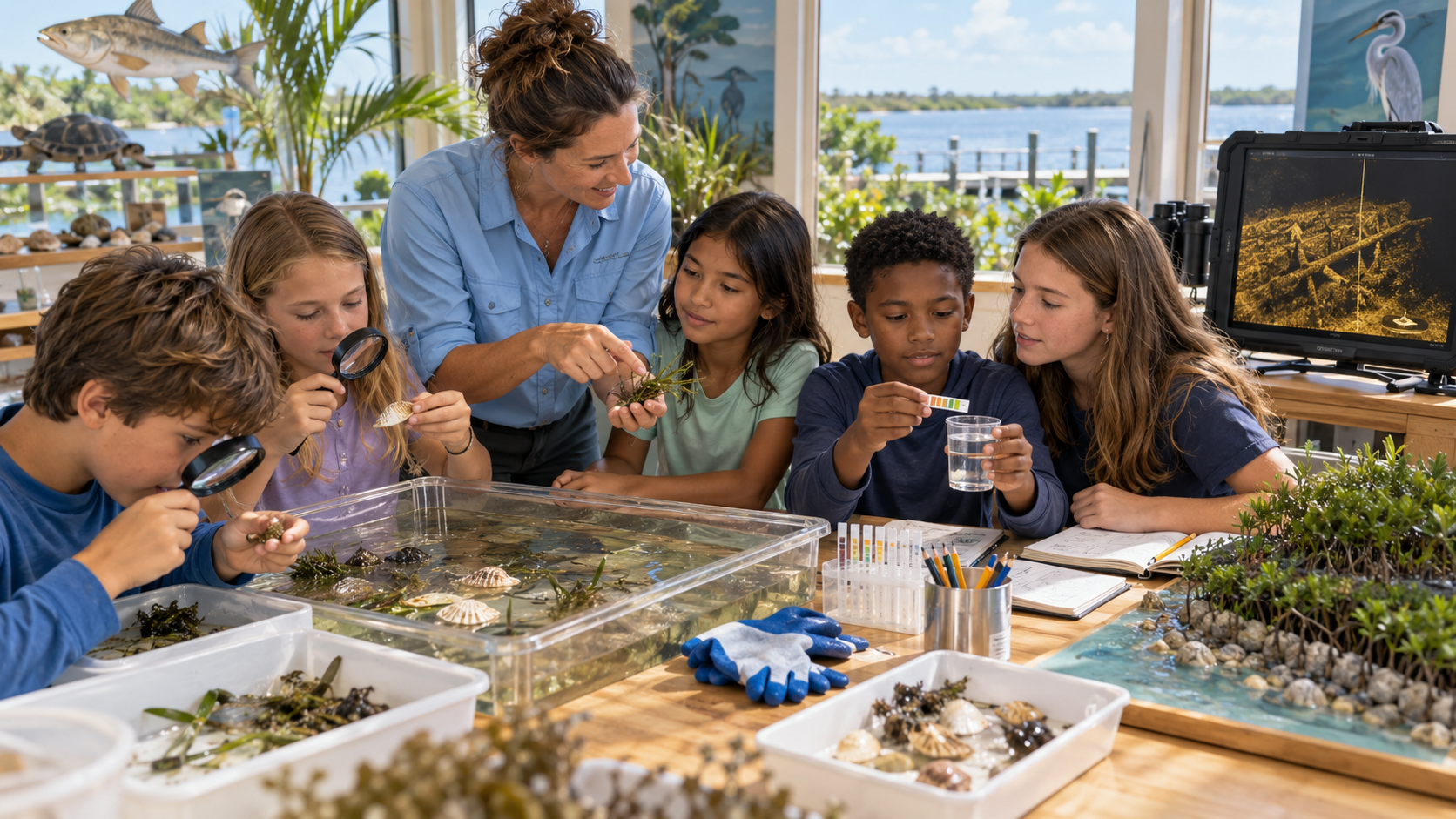 Students of varying ages doing hands-on science around a wooden table — examining aquatic plants with magnifying glasses, testing pH with water quality strips, and viewing sonar imagery on a monitor while looking out over the lagoon waterfront