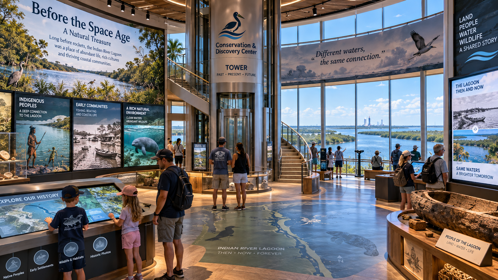 Tower Level 1 — Before the Space Age interior exhibit hall at the Conservation & Discovery Center, with floor-to-ceiling lagoon-facing windows, a central metallic elevator tower, an Indian River Lagoon floor map, and exhibit panels on Indigenous peoples, early communities, and the rich natural environment.