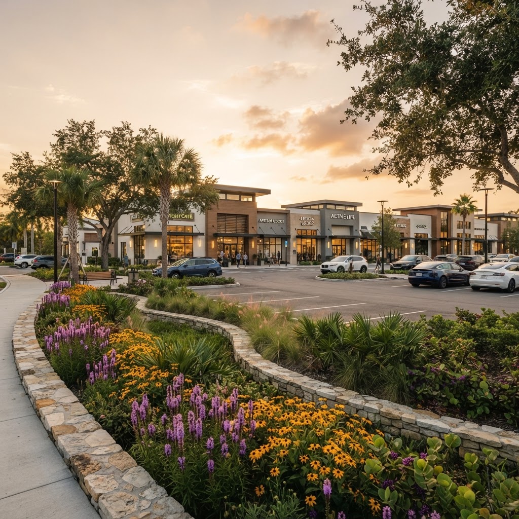 Commercial business plaza with native landscaping, bioswale, and curb appeal