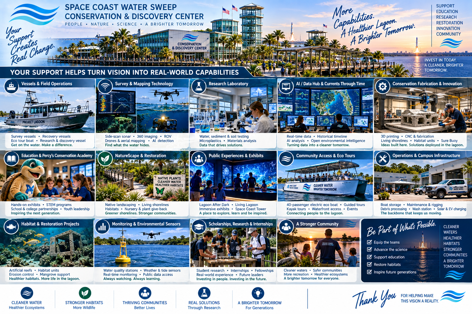 Capabilities overview for the Conservation & Discovery Center titled 'More Capabilities. A Healthier Lagoon. A Brighter Tomorrow.' — a high-density grid of fourteen thematic capabilities: Vessels & Field Operations, Survey & Mapping Technology, Research Laboratory, AI / Data Hub & Currents Through Time, Conservation Fabrication & Innovation, Education & Percy's Conservation Academy, NatureScape & Restoration, Public Experiences & Exhibits, Community Access & Eco Tours, Operations & Campus Infrastructure, Habitat & Restoration Projects, Monitoring & Environmental Sensors, Scholarships/Research & Internships, and A Stronger Community, with a 'Be Part of What's Possible' call-to-action card and a footer row of core values — Cleaner Water, Stronger Habitats, Thriving Communities, Real Solutions and A Brighter Tomorrow — branded 'Your Support Creates Real Change' and 'Thank You for helping make this vision a reality.'