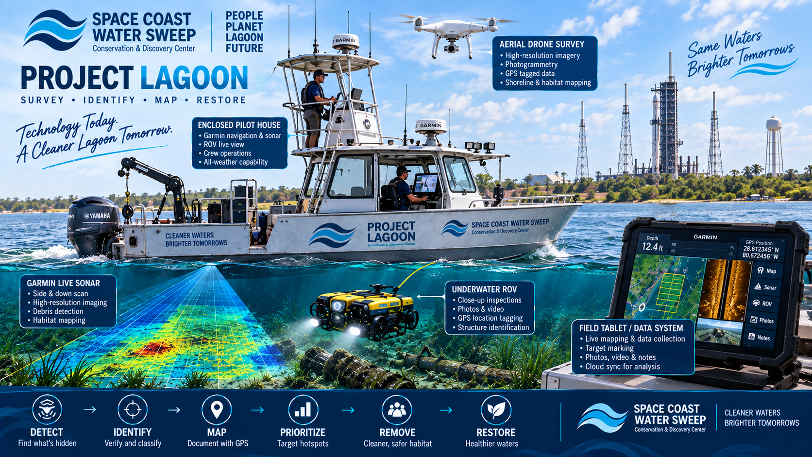Project Lagoon technology ecosystem for the Space Coast Water Sweep Conservation & Discovery Center — a survey boat with enclosed pilothouse, aerial drone, underwater ROV, Garmin live sonar, and field tablet/data system working together across the DETECT, IDENTIFY, MAP, PRIORITIZE, REMOVE and RESTORE workflow, with callouts for aerial drone survey, field tablet data collection, underwater ROV inspection, Garmin live sonar imaging, and enclosed pilothouse crew operations.