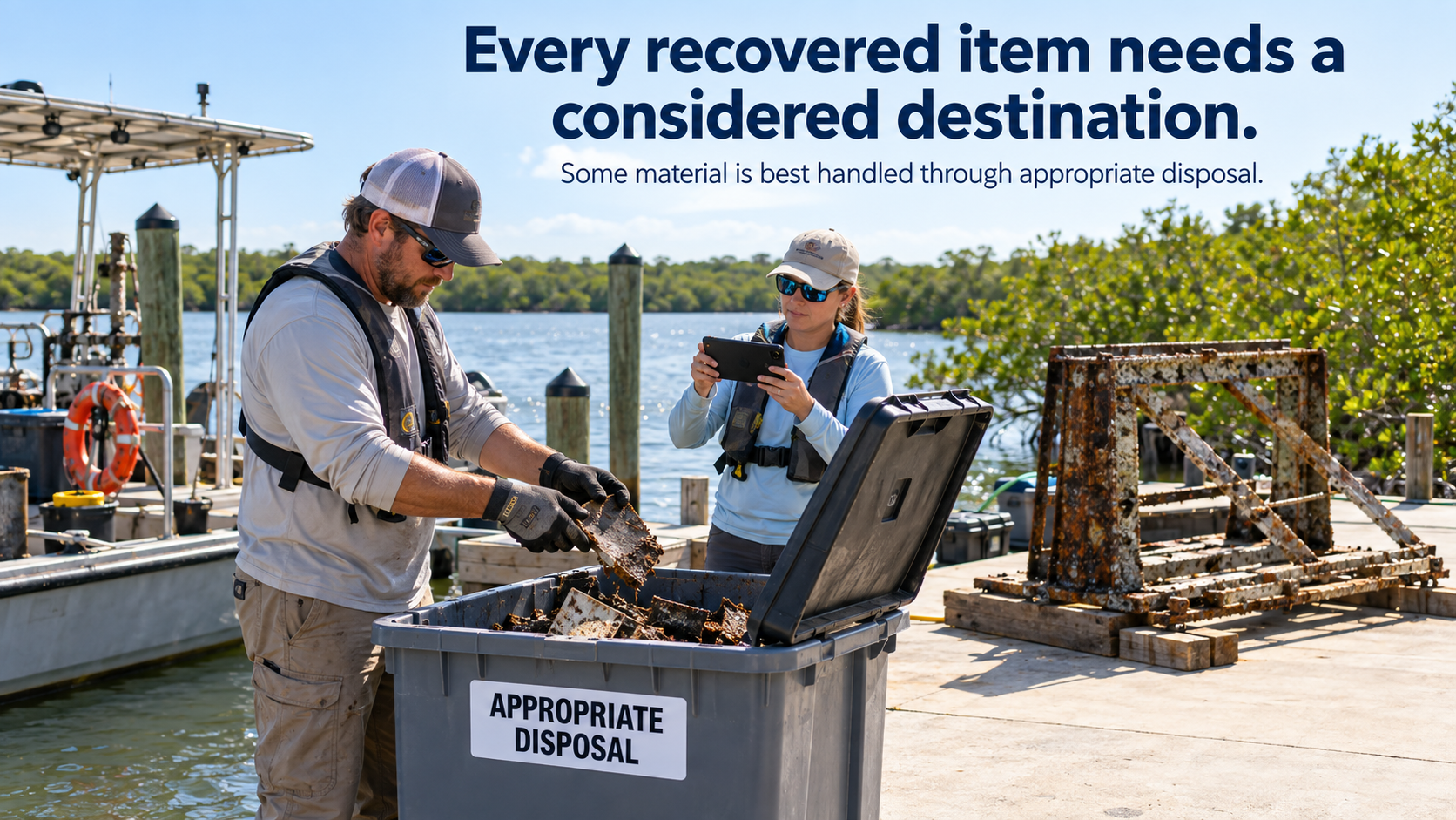 Appropriate disposal pathway for non-reusable, non-recyclable recovered material. Two workers in protective gear and life vests process salvaged marine debris on a concrete dock near calm water and mangroves. A man places corroded metal debris into a gray heavy-duty bin labeled APPROPRIATE DISPOSAL while a woman documents the process with a tablet. A white boat with railings and a life ring sits to the left, with a rusted A-frame metal structure on the dock. Overlaid headline reads Every recovered item needs a considered destination, with sub-headline Some material is best handled through appropriate disposal. The scene is responsible and organized — disposal itself is not a failure; some material simply needs to be disposed of appropriately.