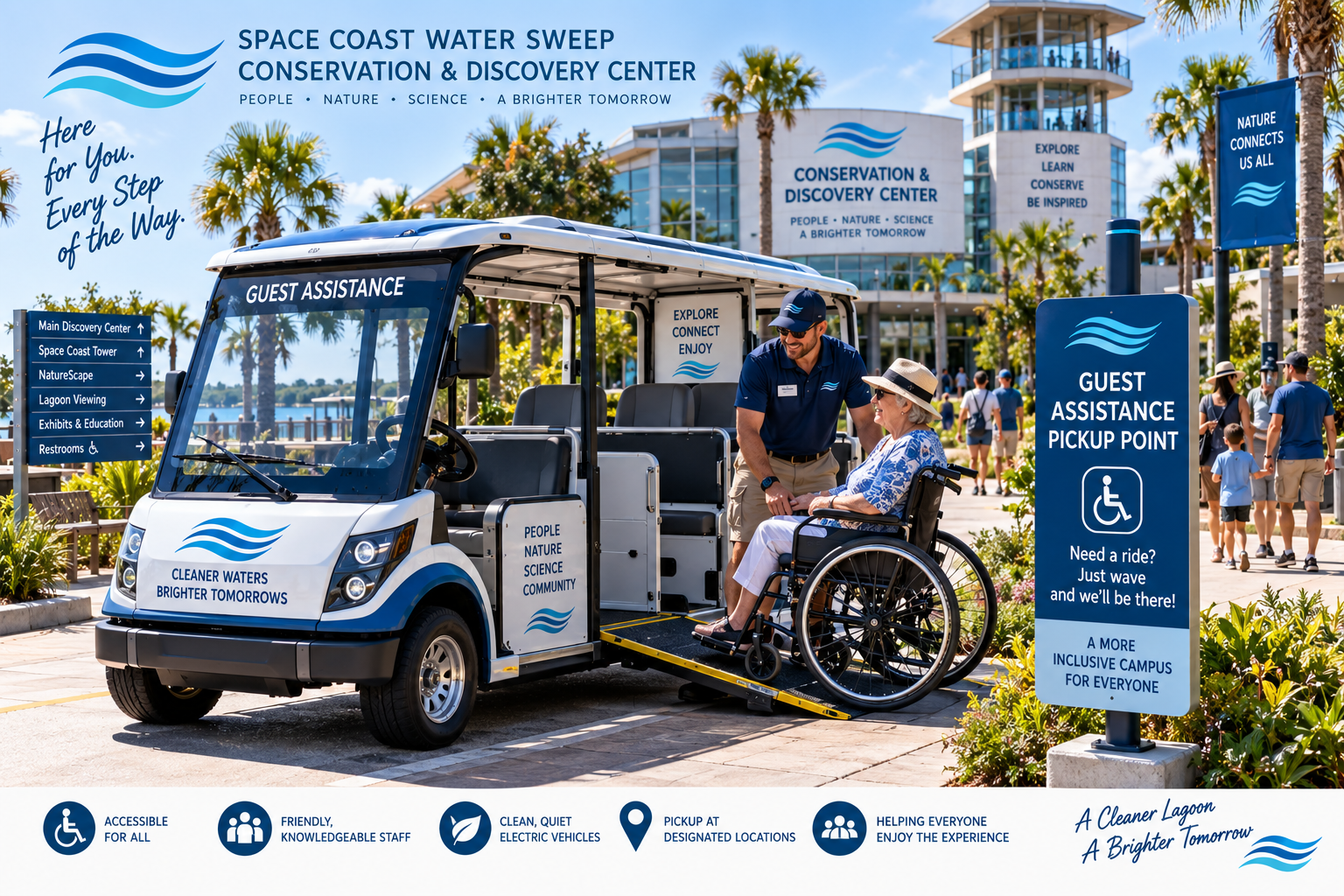 Conceptual Guest Assistance pickup point with a branded electric shuttle, deployed wheelchair ramp, directional signage to campus destinations, and a staff member assisting an elderly guest boarding the vehicle.