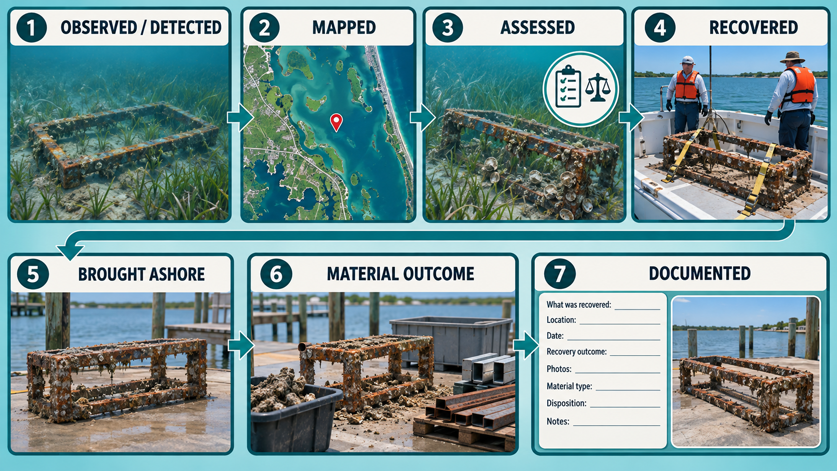 Seven-step lifecycle diagram of a recovered object, traced from beginning to end. Steps 1-4 run across the top: OBSERVED/DETECTED (metal frame submerged in seagrass), MAPPED (satellite coastal map with red pin), ASSESSED (frame on seabed with a clipboard and balance-scale overlay), RECOVERED (two workers in life vests hoisting the frame onto a boat). Steps 5-7 run across the bottom: BROUGHT ASHORE (frame on a concrete dock), MATERIAL OUTCOME (frame beside a debris bin and pallet of new metal beams), DOCUMENTED (a visitor-facing form with fields for what was recovered, location, date, recovery outcome, photos, material type, disposition, and notes, plus a thumbnail photo). White arrows connect the steps on a light teal background.