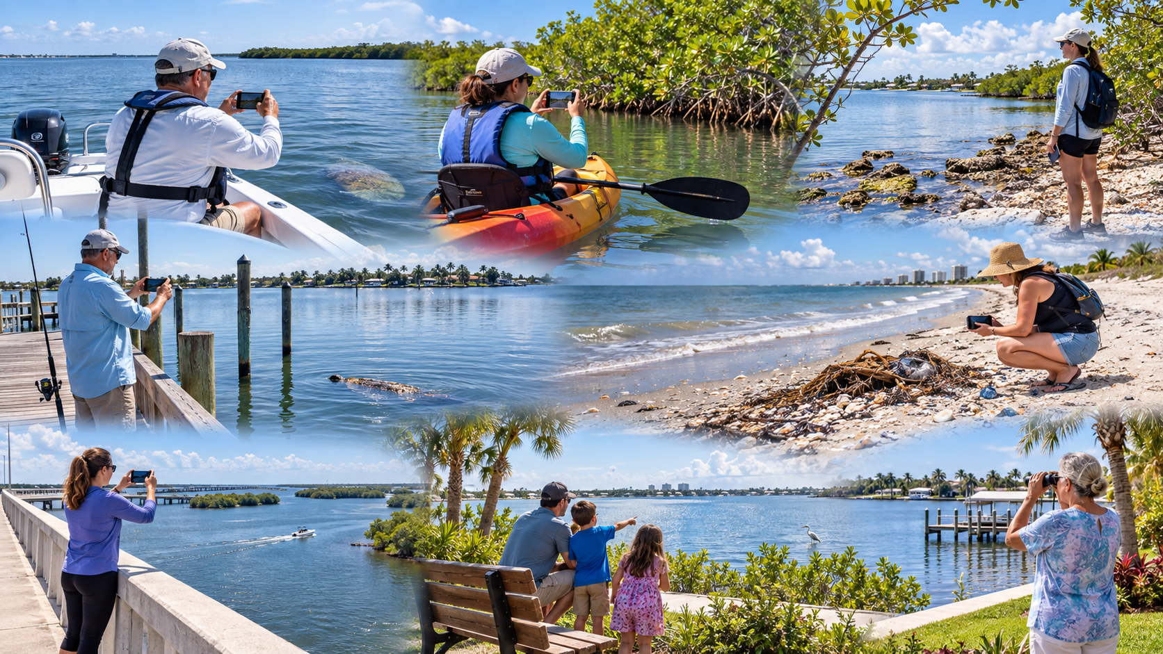 Composite of ordinary observers documenting the Lagoon from many vantage points — a boater photographing a manatee from a skiff, a kayaker capturing mangrove-edge water, a shoreline walker scanning the horizon, a pier observer, a beachgoer documenting washed-up debris, a bridge observer, a family pointing out a wading bird, and a binocular watcher scanning the shallows