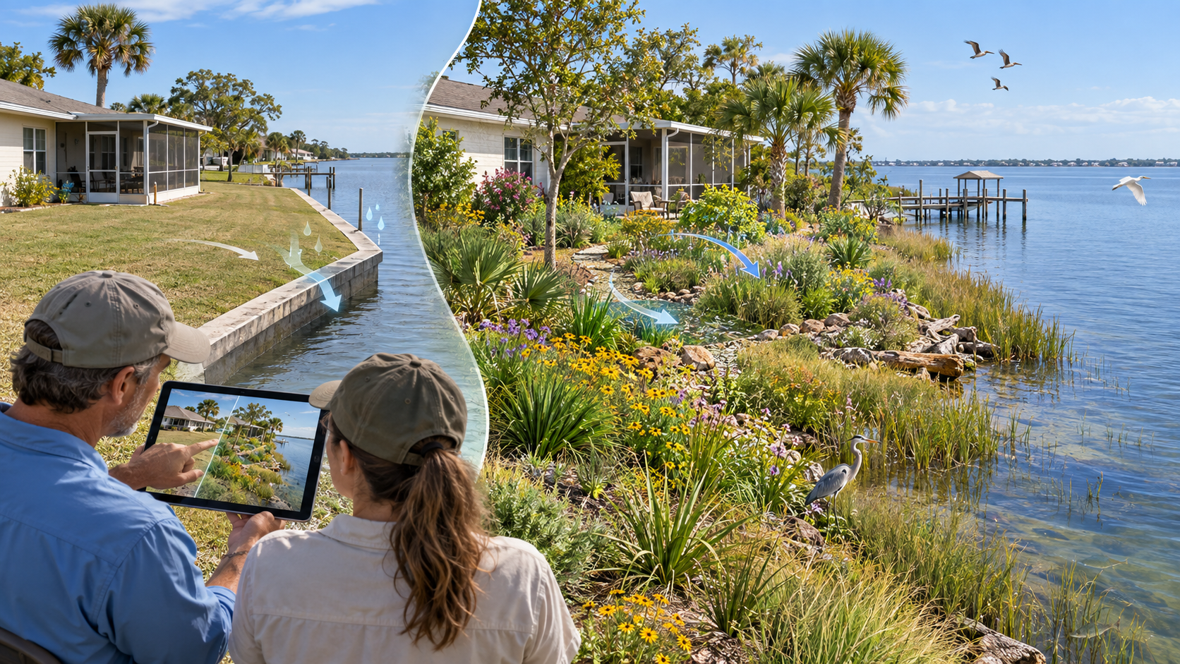 Side-by-side conceptual comparison of a residential waterfront property, viewed from behind two people holding a tablet. Left side (current): a manicured lawn and a concrete seawall, with light-blue water-droplet icons and a curved arrow showing runoff flowing directly over the hard edge into the bay. Right side (restored): the same property with the seawall replaced by a living shoreline of native wildflowers, grasses, rocks, and natural vegetation, a Great Blue Heron standing in the shallows, birds in the sky, and three curved arrows showing water filtering through the vegetation before reaching the bay. The tablet screen mirrors the same split-view comparison, creating a picture-in-picture effect. Communicates how replacing a hard shoreline with a living shoreline can reduce runoff and restore habitat.