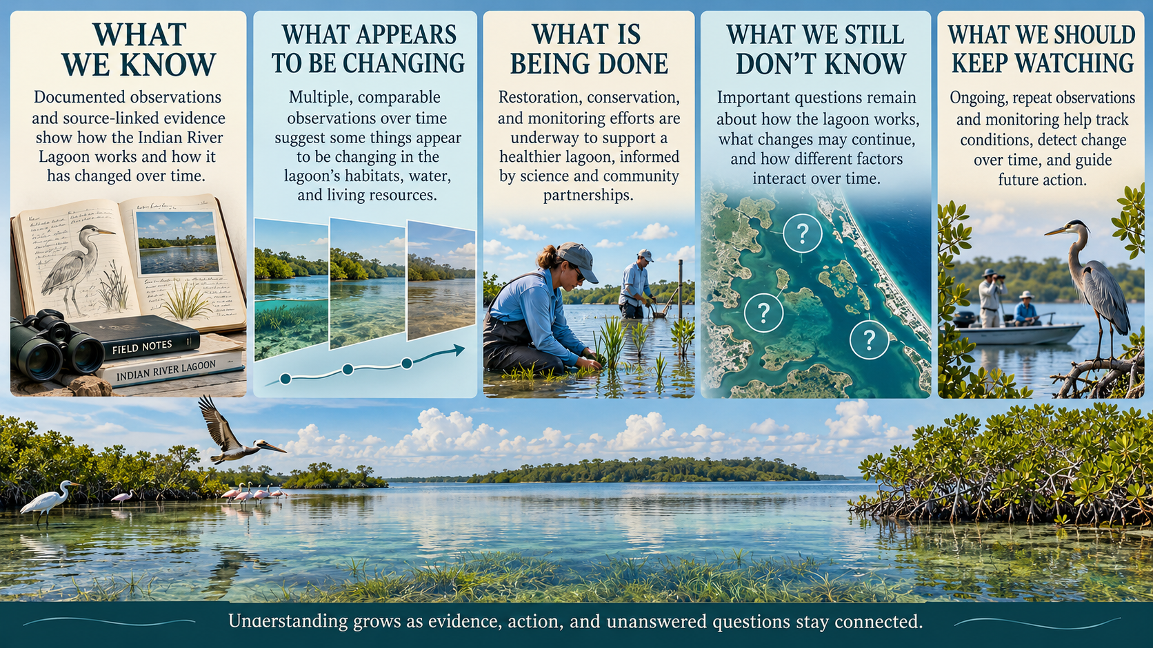 The Big Picture infographic for Chapter 12. Five light-blue vertical panels sit above a full-width lagoon photograph. Panel 1 WHAT WE KNOW: documented observations and source-linked evidence show how the Indian River Lagoon works and how it has changed over time — imagery of an open field journal with a bird sketch and photo on stacked books labeled FIELD NOTES and INDIAN RIVER LAGOON with binoculars. Panel 2 WHAT APPEARS TO BE CHANGING: multiple comparable observations over time suggest some things appear to be changing in the lagoon's habitats, water, and living resources — three overlapping square frames of the same body of water connected by a rising diagonal arrow with three data points. Panel 3 WHAT IS BEING DONE: restoration, conservation, and monitoring efforts are underway to support a healthier lagoon, informed by science and community partnerships — two researchers in the water working with seagrass plantings. Panel 4 WHAT WE STILL DON'T KNOW: important questions remain about how the lagoon works, what changes may continue, and how different factors interact over time — an aerial coastal lagoon map with three white question-mark circles overlaid on the water. Panel 5 WHAT WE SHOULD KEEP WATCHING: ongoing, repeat observations and monitoring help track conditions, detect change over time, and guide future action — a blue heron in the foreground with researchers in a boat behind. The main background photo shows a shallow lagoon with clear water, seagrass, mangroves, an egret, a pelican in flight, flamingos, and a green treeline under a blue sky. Footer on a cream banner: Understanding grows as evidence, action, and unanswered questions stay connected.