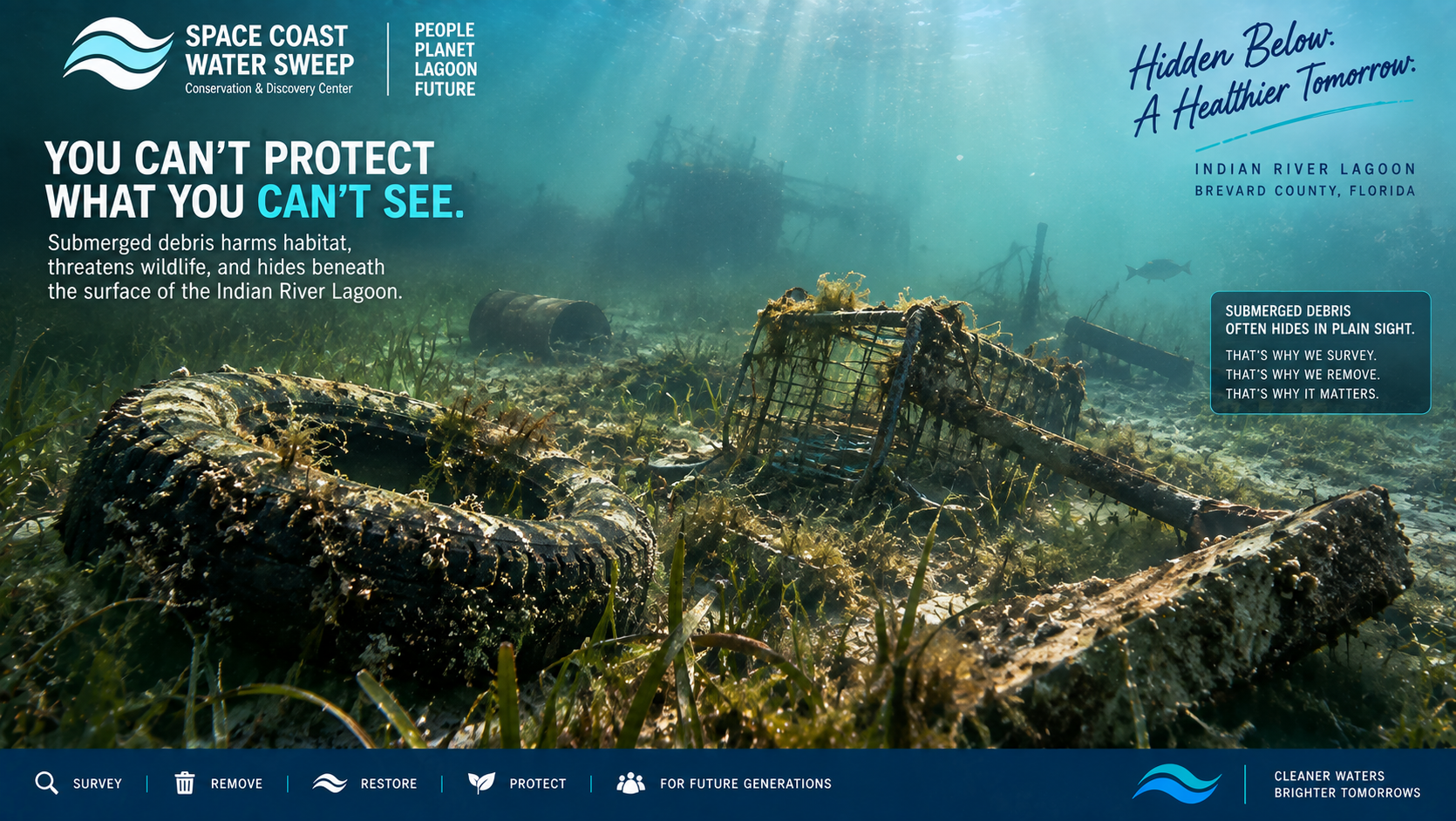 Conceptual underwater rendering of submerged marine debris resting on the bottom of the Indian River Lagoon, partially hidden by low visibility and habitat, illustrating why underwater survey technology is needed.