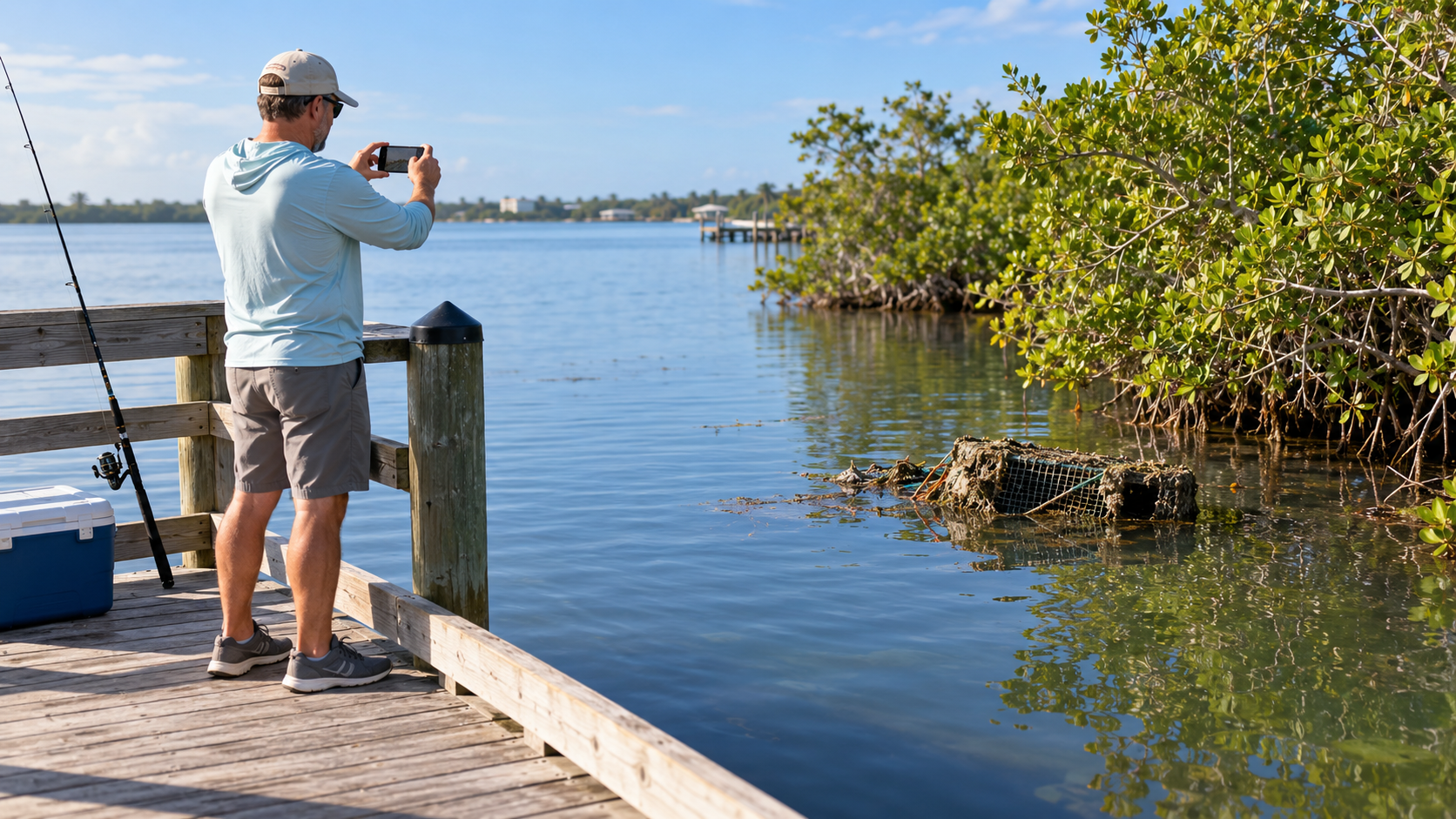 A man standing on a wooden pier photographing a submerged, algae-covered crab trap near the mangroves with his smartphone — capturing what he sees from an ordinary vantage point without disturbing the gear or entering the water