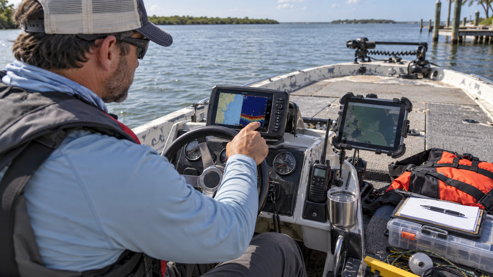 Survey operator at the helm touching the chartplotter display showing a split-screen navigation chart and sonar depth readout, marking a debris discovery with GPS coordinates