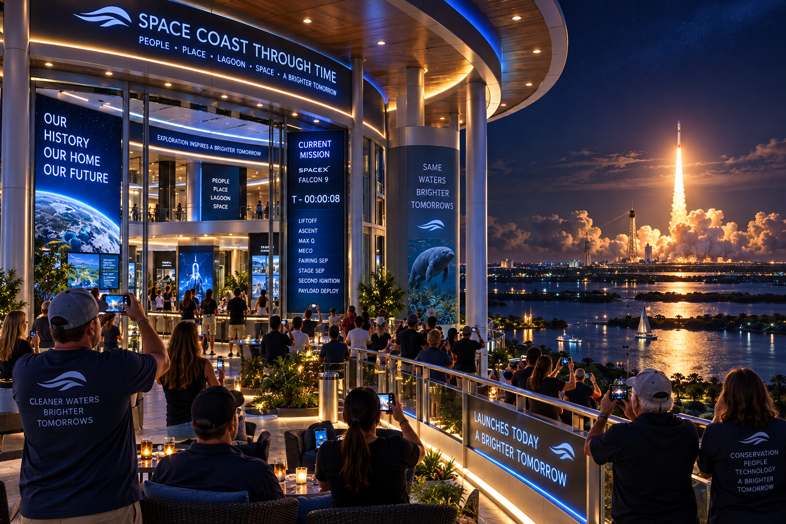Nighttime launch event on the observation deck with a 'Space Coast Through Time' header, 'Our History Our Home Our Future' and 'Exploration Inspires a Brighter Tomorrow' panels, a live SpaceX Falcon 9 mission telemetry column showing T-00:00:08 with Liftoff/Ascent/Max-Q/MECO/Fairing Sep/Stage Sep/Second Ignition/Payload Deploy milestones, a 'Same Waters Brighter Tomorrows' manatee column, guests in 'Cleaner Waters Brighter Tomorrows' shirts watching an ascending rocket from the glass-fronted railing, and the amber launch glow reflected across the lagoon.