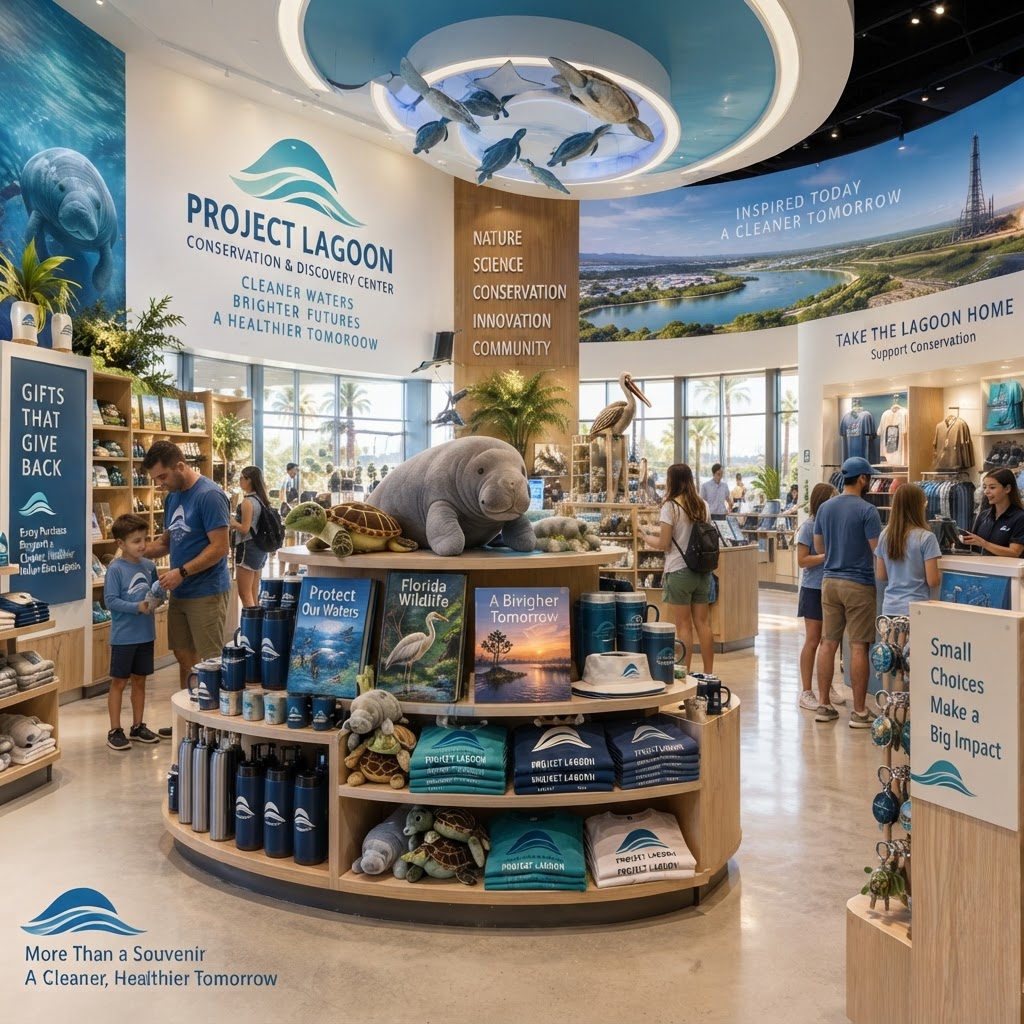 Conceptual rendering of the Conservation & Discovery Center Store near the main visitor entrance, showing mission-connected retail displays with Conservation & Discovery Center, Space Coast Water Sweep and Percy merchandise, educational STEM products, books and field guides, reusable drinkware, and native-plant related products in a welcoming storefront that feels like an extension of the Center experience.