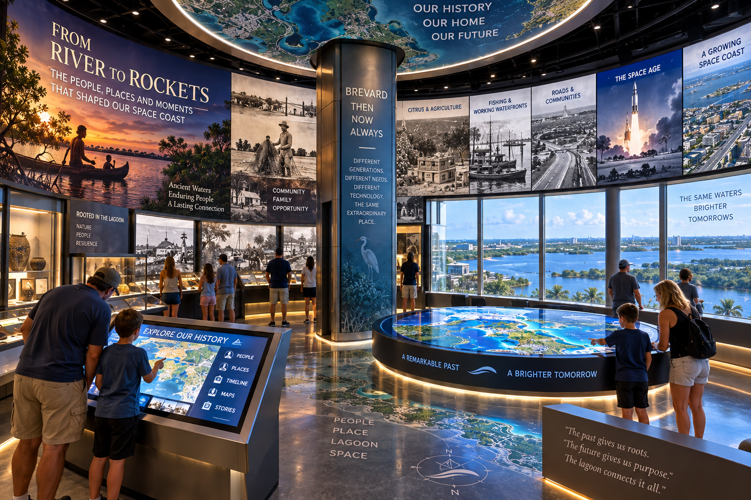 Level 3 immersive 'From River to Rockets' gallery with a sunset canoe mural, 'Rooted in the Lagoon' display cases, an 'Explore Our History' interactive kiosk, a central 'Brevard — Then • Now • Always' column with egret graphic, upper wall panels tracing Citrus & Agriculture, Fishing & Working Waterfronts, Roads & Communities, The Space Age, and A Growing Space Coast, a circular 'A Remarkable Past / A Brighter Tomorrow' interactive table, and a coastal floor map decal beneath panoramic lagoon-facing windows.