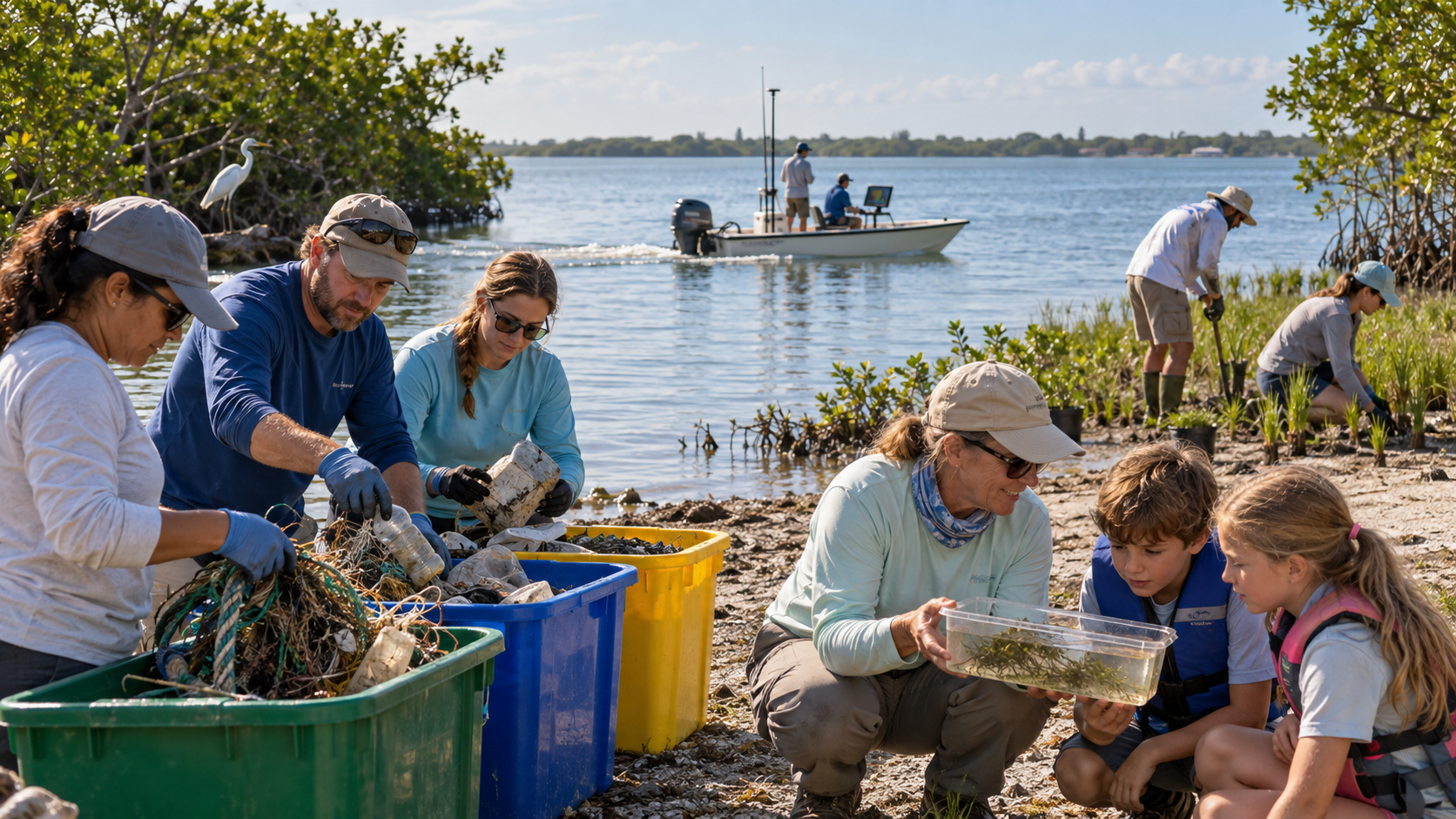 A conservation educator shows aquatic vegetation in a clear container to two children while adult volunteers sort debris into colored bins nearby — hands-on learning connecting classroom to the real Lagoon