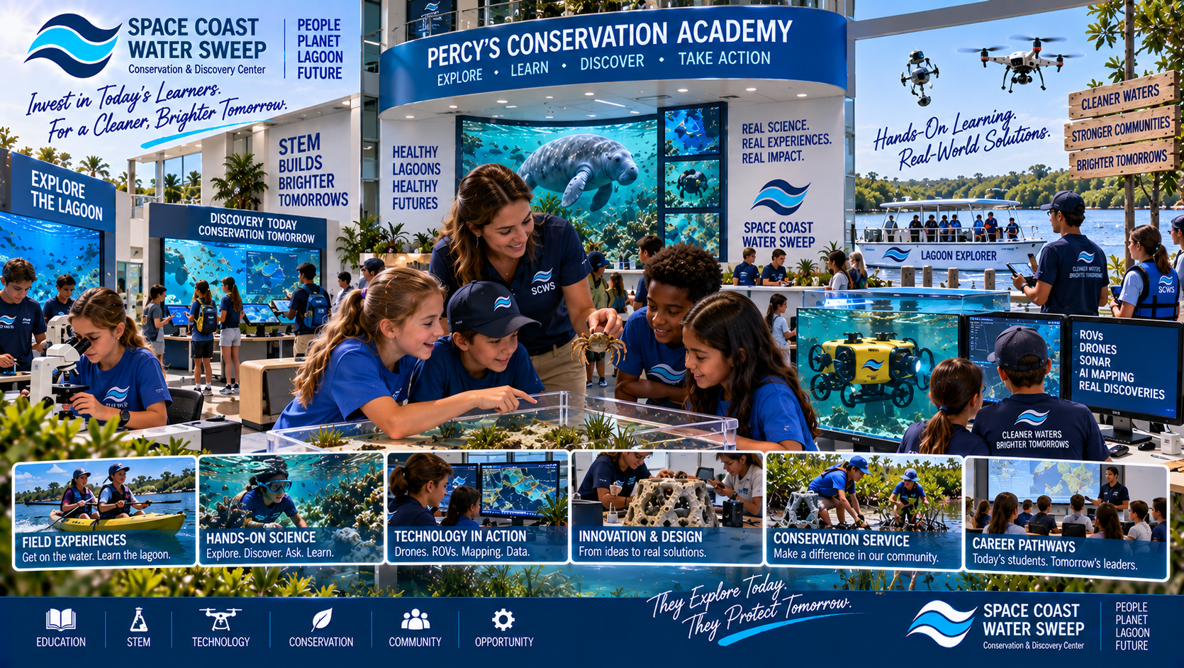 Conceptual education sponsorship scene showing students participating in hands-on Lagoon STEM experiences, Percy's Conservation Academy, field science and conservation technology programs.