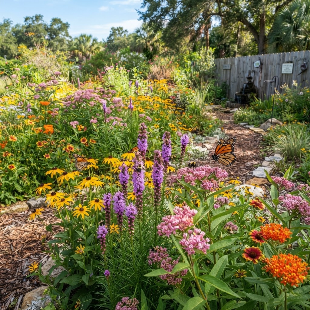 Florida pollinator garden with native wildflowers and butterflies