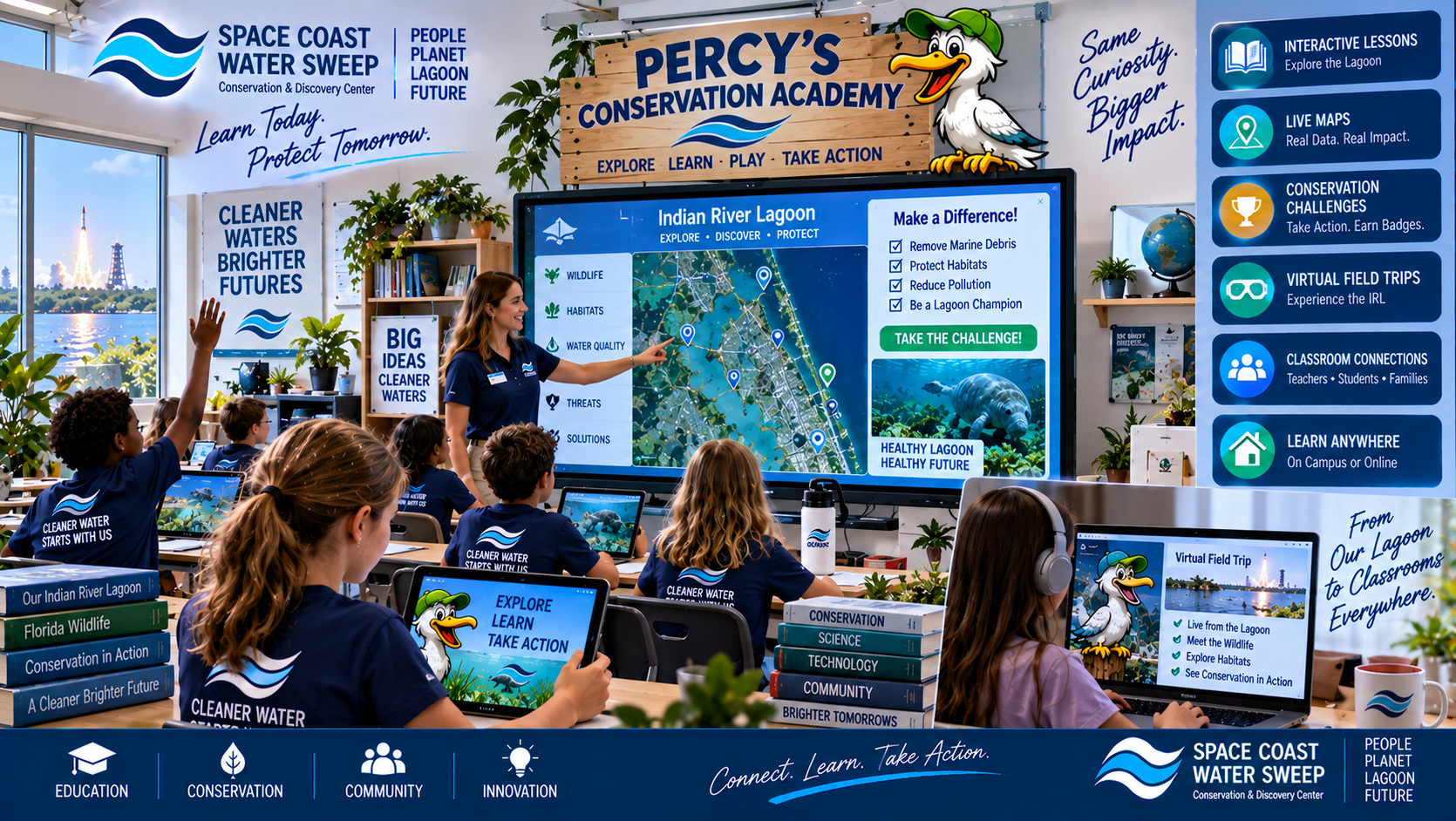 Conceptual digital Percy's Conservation Academy experience connecting classrooms and families to interactive Indian River Lagoon lessons, maps, conservation challenges and virtual field experiences beyond the physical campus.