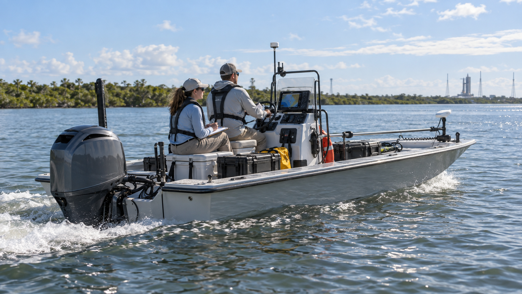 Two SCWS team members on a white center-console motorboat on the Indian River Lagoon — one steering from the console while the other records survey data on a clipboard, with a navigation display, yellow waterproof case, and red life ring visible aboard. A launch pad tower rises on the distant shoreline.