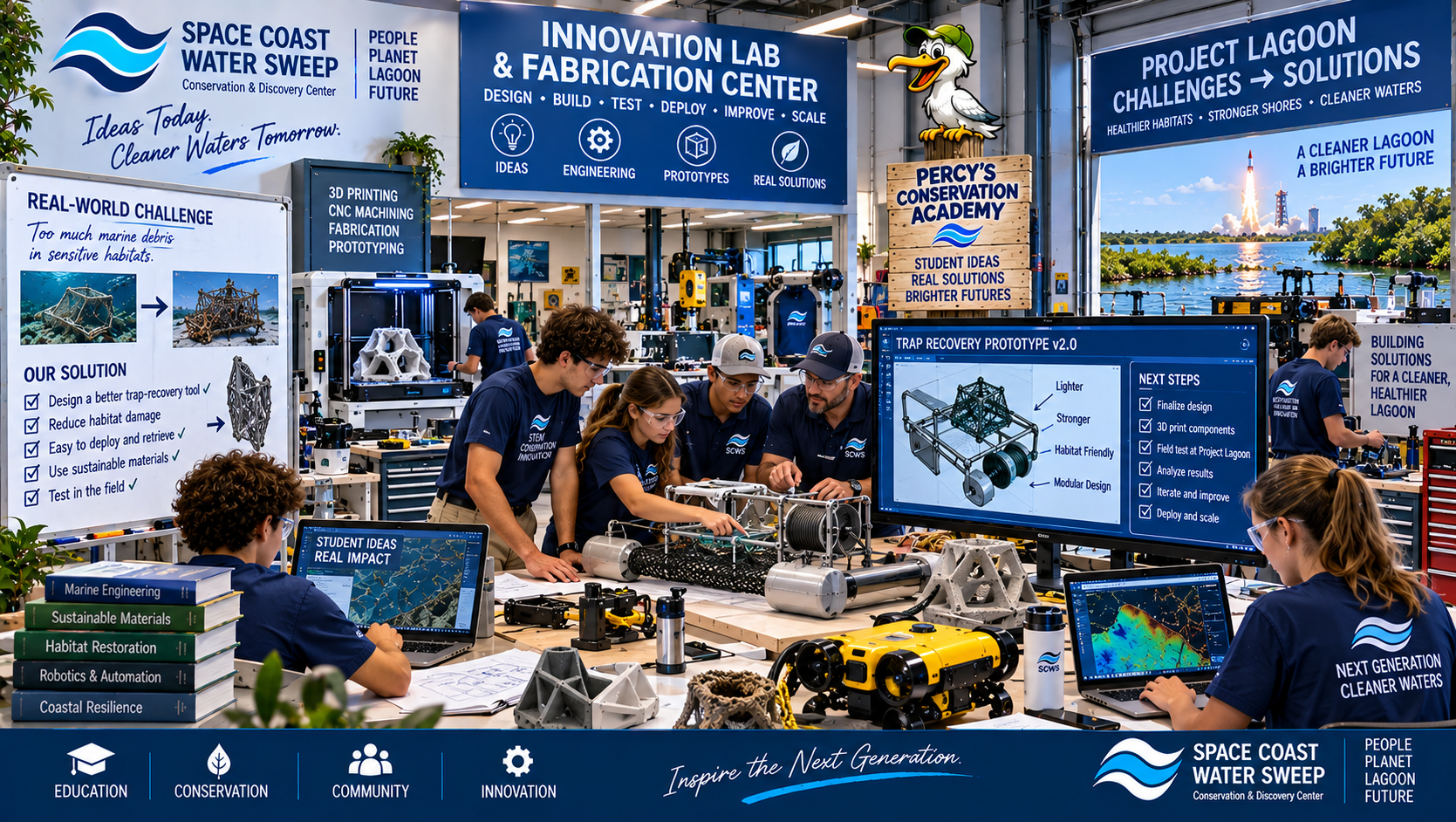 Conceptual student engineering team designing and building a conservation prototype in the Innovation Lab and Fabrication Center after studying a real Project Lagoon environmental challenge.