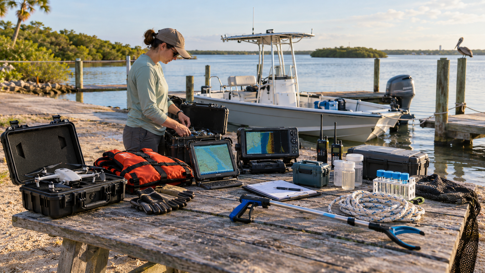 A researcher in a green shirt and cap organizing field equipment on a weathered wooden picnic table near a docked motorboat — drone, life vest, rugged tablet with map, marine GPS, radios, sample bottles, and a trash grabber laid out for a survey mission