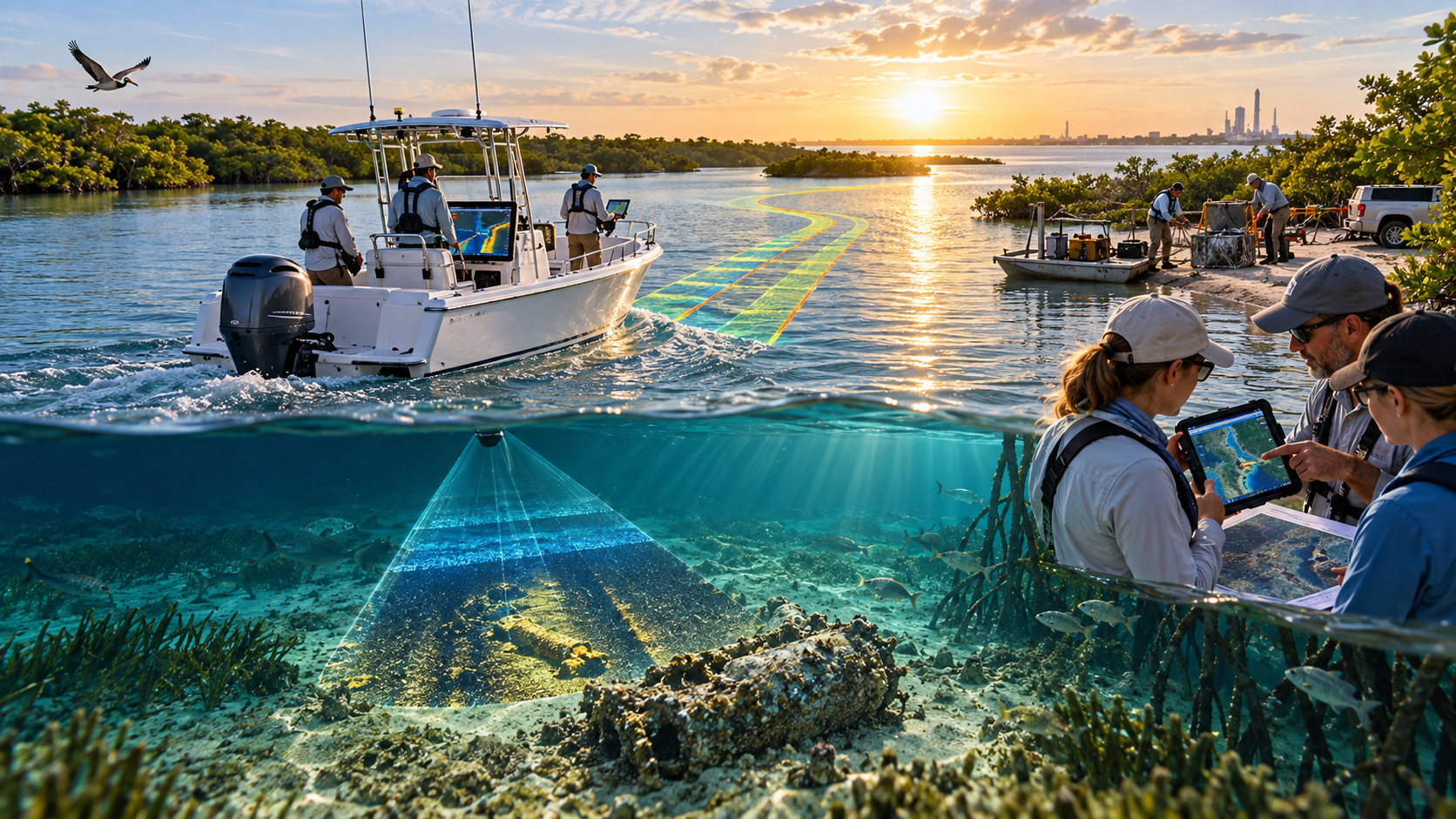 Split-view composite of a Project Lagoon marine survey at sunset — above the waterline, a white center-console survey boat travels through calm mangrove-lined shallows trailing glowing orange and blue survey grid lines, with three crew at the helm and displays, a pelican overhead, a golden setting sun over a distant city skyline, and a shore crew with a pickup truck reviewing charts. Below the waterline, a hull-mounted sonar projects a triangular beam illuminating the textured seabed, seagrass, and a large cylindrical debris object, while three researchers on shore review a tablet map and printed documents through the turquoise water overlay. Illustrates the full above- and below-water survey cycle from grid coverage and sonar detection to shore-side data review.