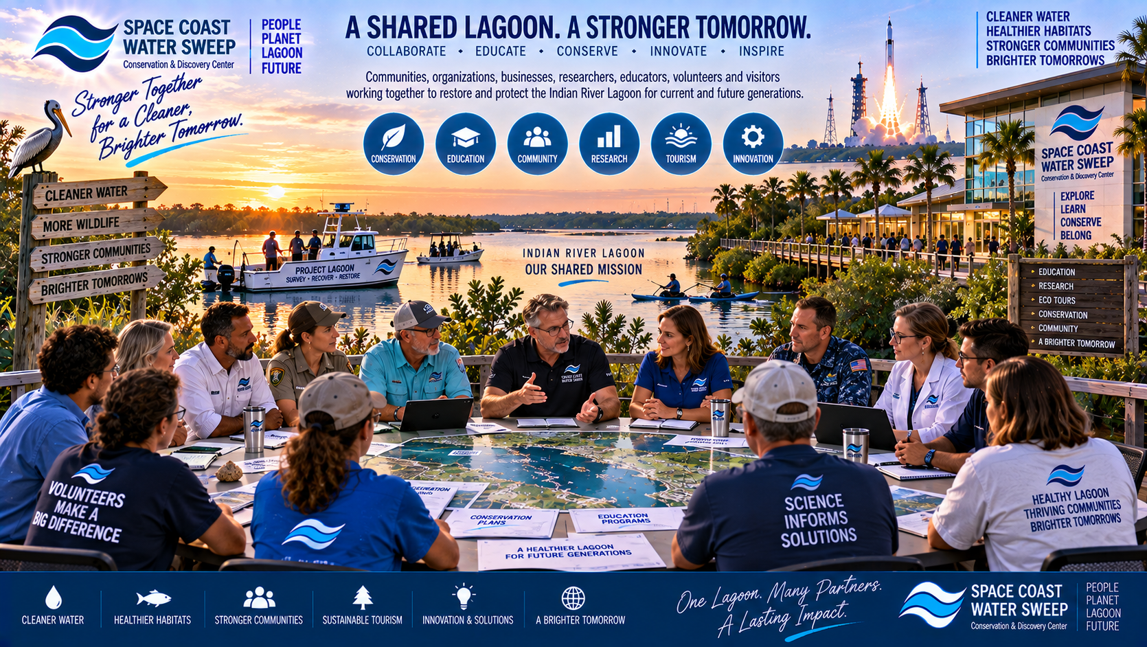 Conceptual regional collaboration scene illustrating conservation, education, tourism, research and community organizations working around the shared Indian River Lagoon mission without identifying specific unconfirmed partners.