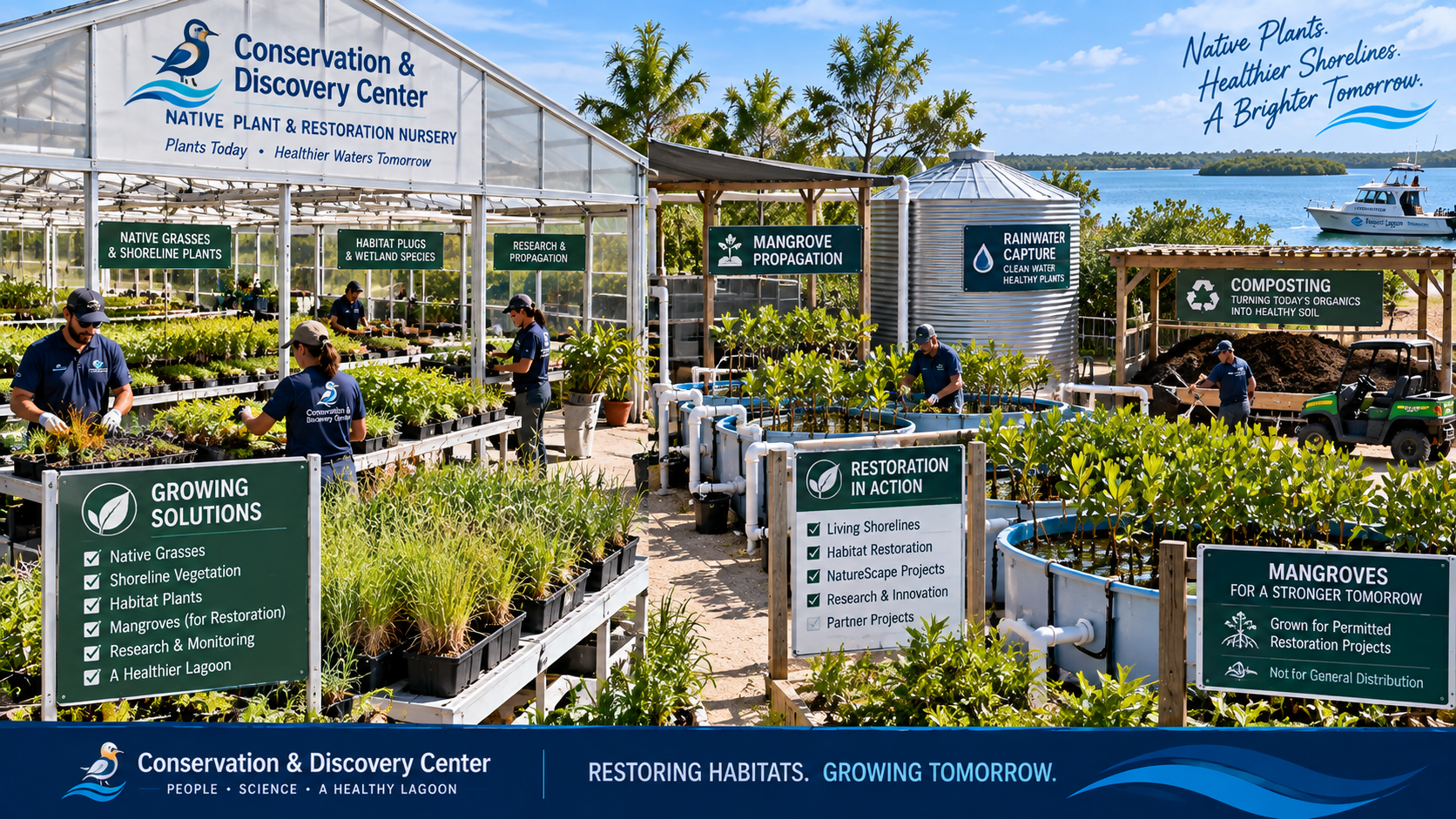 Native Plant & Restoration Nursery at the Conservation & Discovery Center — an outdoor greenhouse and work area with staff tending to plants, rainwater capture tanks, composting, and mangrove propagation pools, with signage for Native Grasses & Shoreline Plants, Habitat Plugs & Wetland Species, Research & Propagation, and Mangrove Propagation, plus foreground signs for Growing Solutions, Restoration in Action, and Mangroves for a Stronger Tomorrow (grown for permitted restoration projects, not for general distribution), set against a waterfront backdrop with a research boat.
